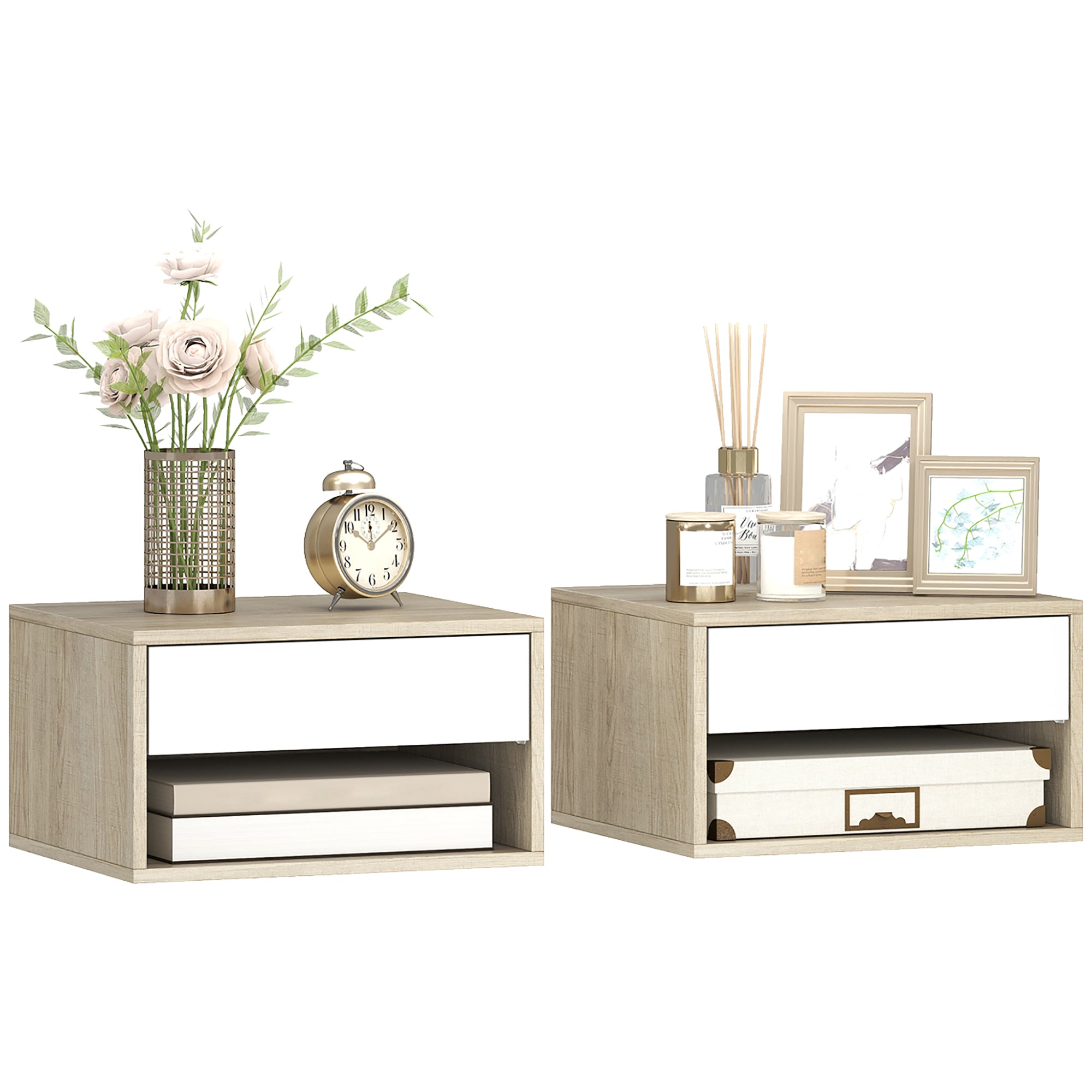 Set of 2 Floating Nightstands — Wall-Mounted Nightstands with Drawer & Open Shelf, Modern, 14.6 x 12.6 x 8.3 in, Natural Wood & White