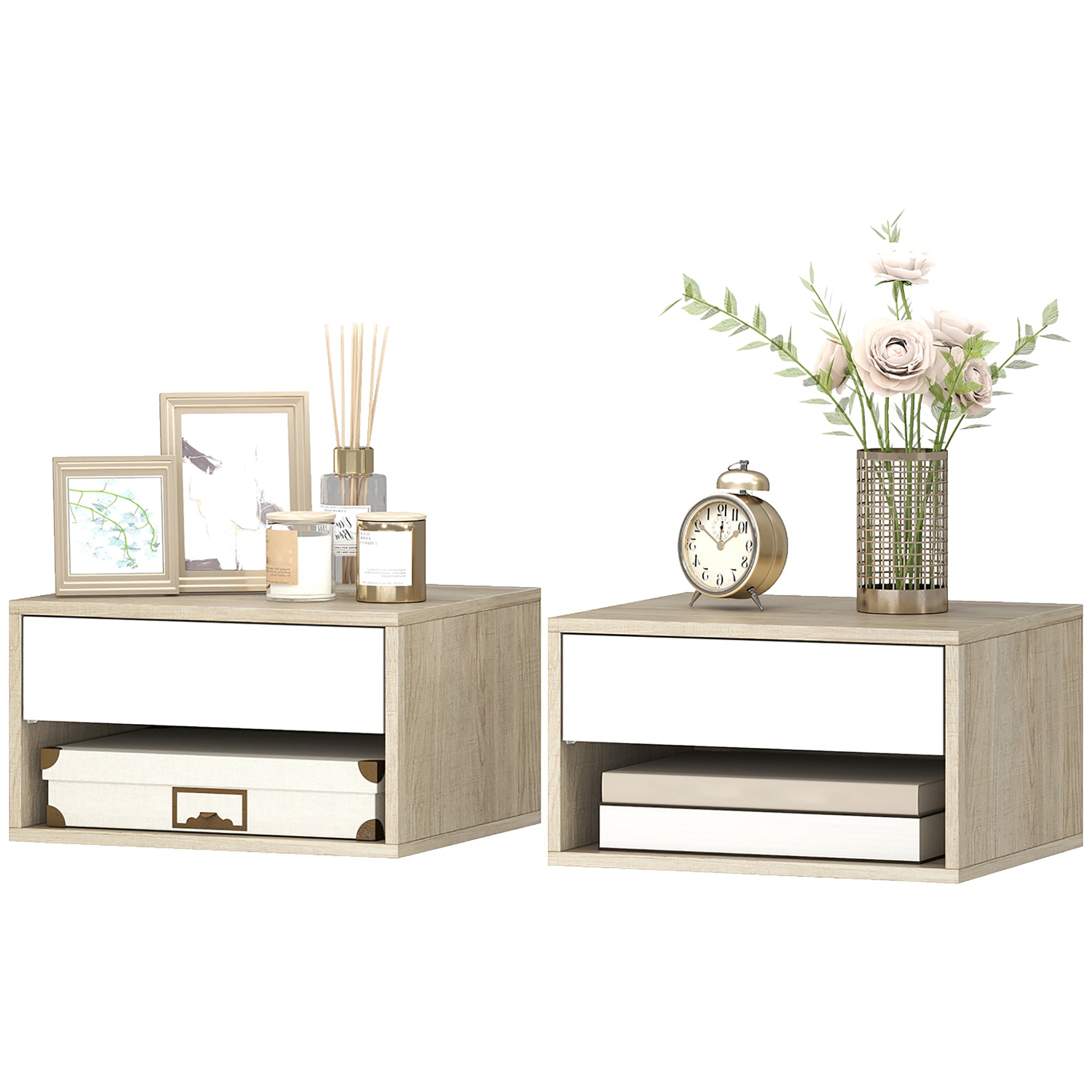 Set of 2 Floating Nightstands — Wall-Mounted Nightstands with Drawer & Open Shelf, Modern, 14.6 x 12.6 x 8.3 in, Natural Wood & White