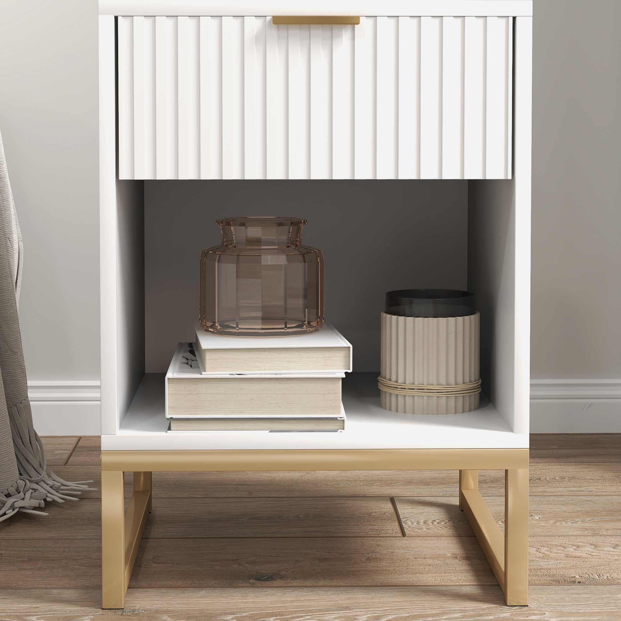 Bedside Table Side Table with Drawer, Handle, Open Shelf, Sofa Table Bedside Cabinet for Living Room, Bedroom, White, 40 x 40 x 57 cm