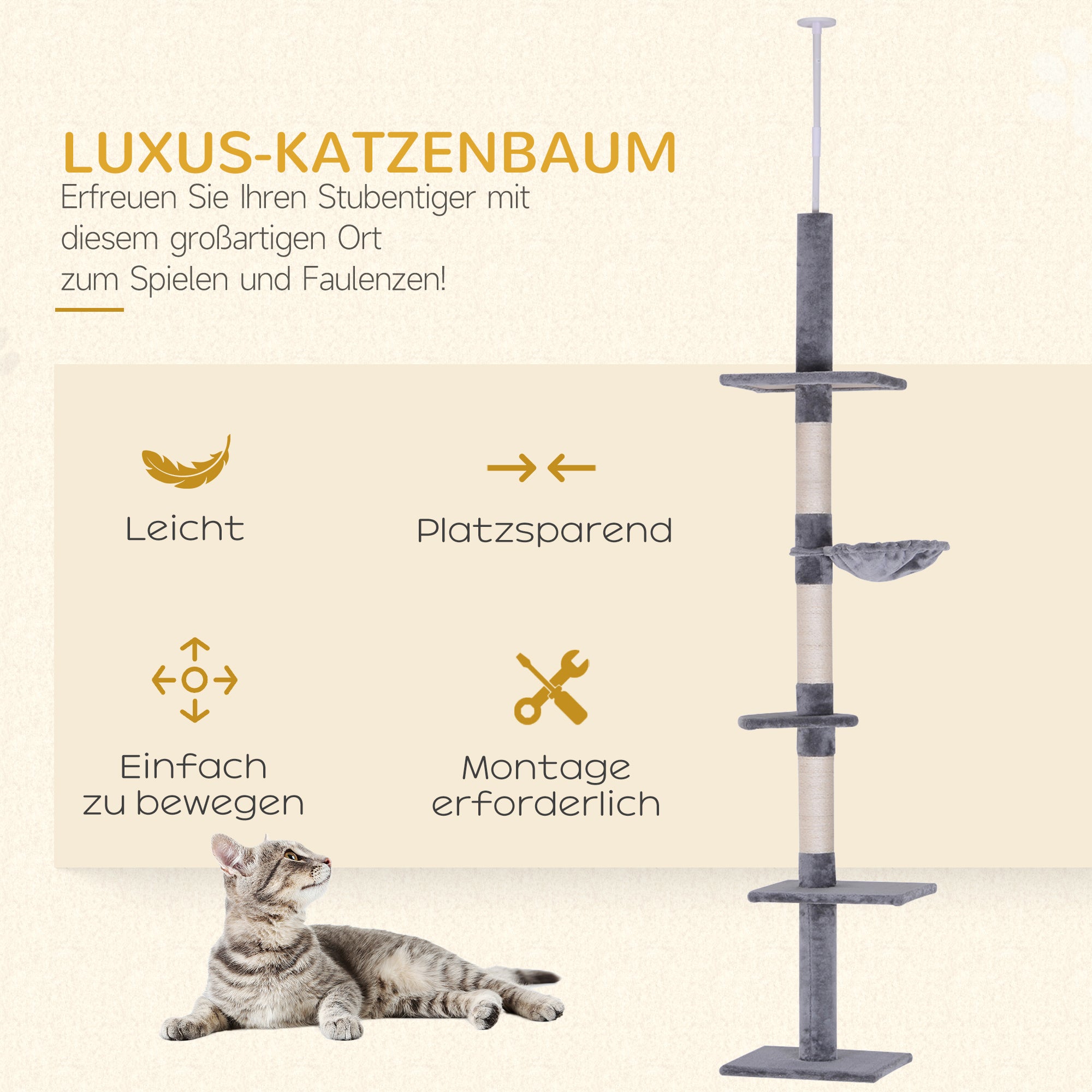Scratching Post Ceiling High Adjustable Height, Stable Cat Tree with Sisal Columns, Cat Climbing Tree, Gray, 40 x 34 x 230-260 cm