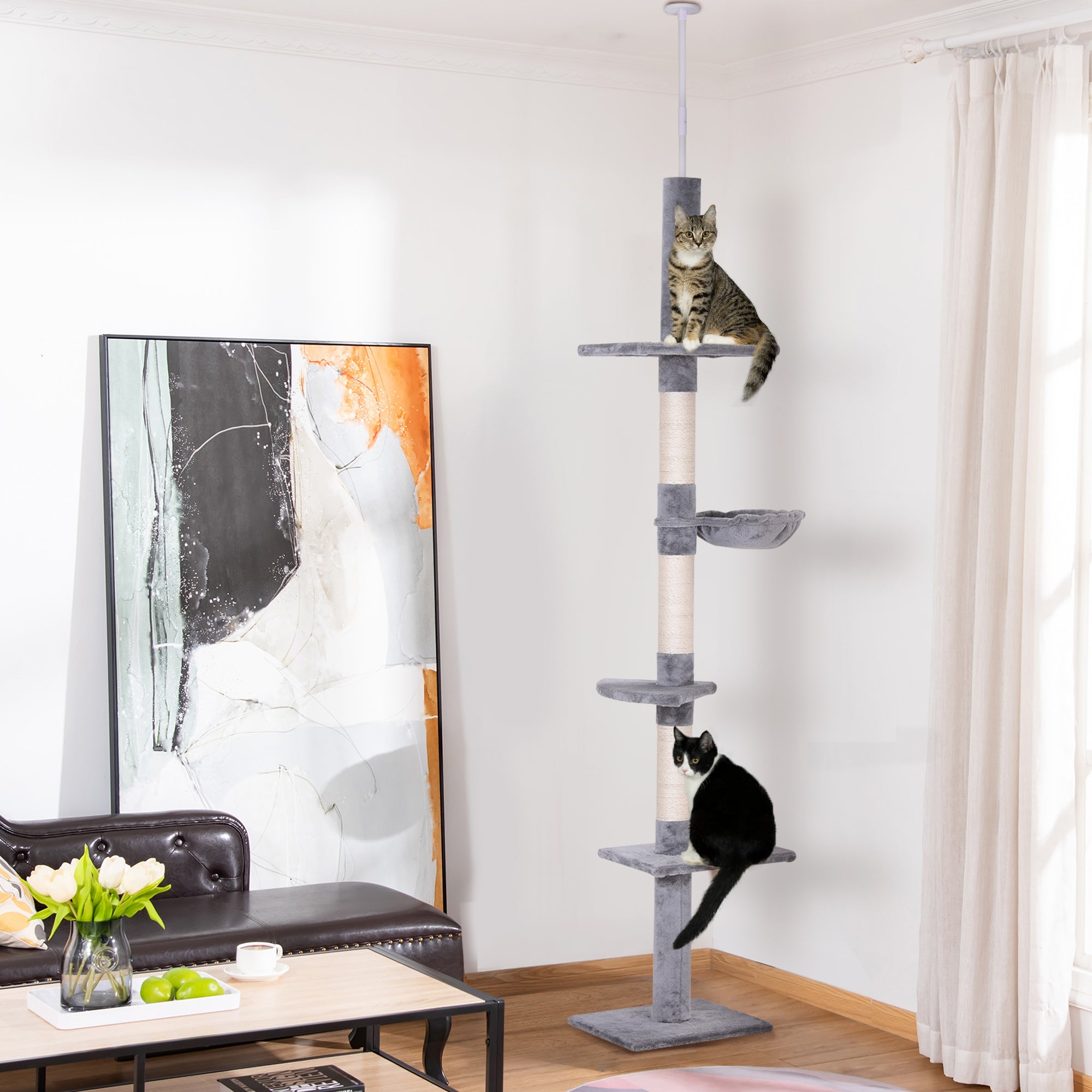 Scratching Post Ceiling High Adjustable Height, Stable Cat Tree with Sisal Columns, Cat Climbing Tree, Gray, 40 x 34 x 230-260 cm