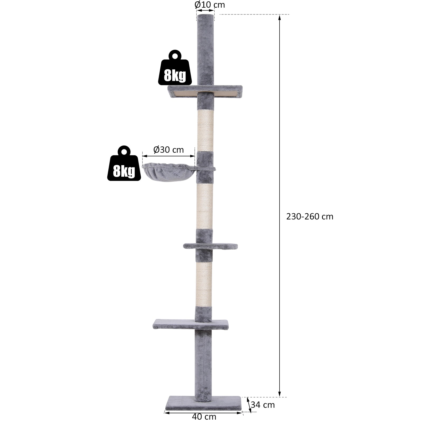 Scratching Post Ceiling High Adjustable Height, Stable Cat Tree with Sisal Columns, Cat Climbing Tree, Gray, 40 x 34 x 230-260 cm