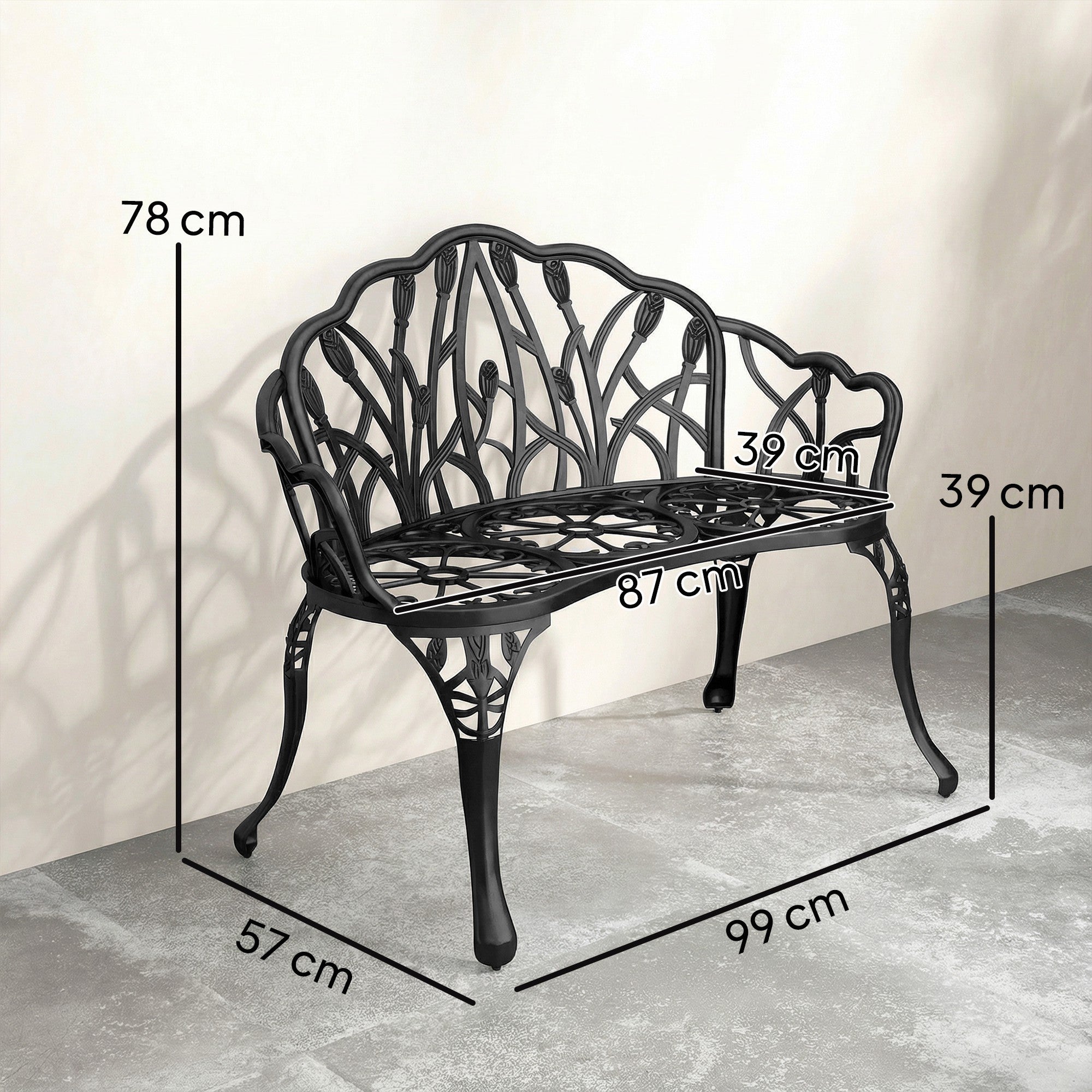 2-Seater Cast Aluminum Weatherproof Outdoor Bench with Tulip Back & Floral Motif, Perforated Balcony Bench up to 240 kg (529 lb) – 99 x 57 x 78 cm (39 x 22.4 x 30.7 in)