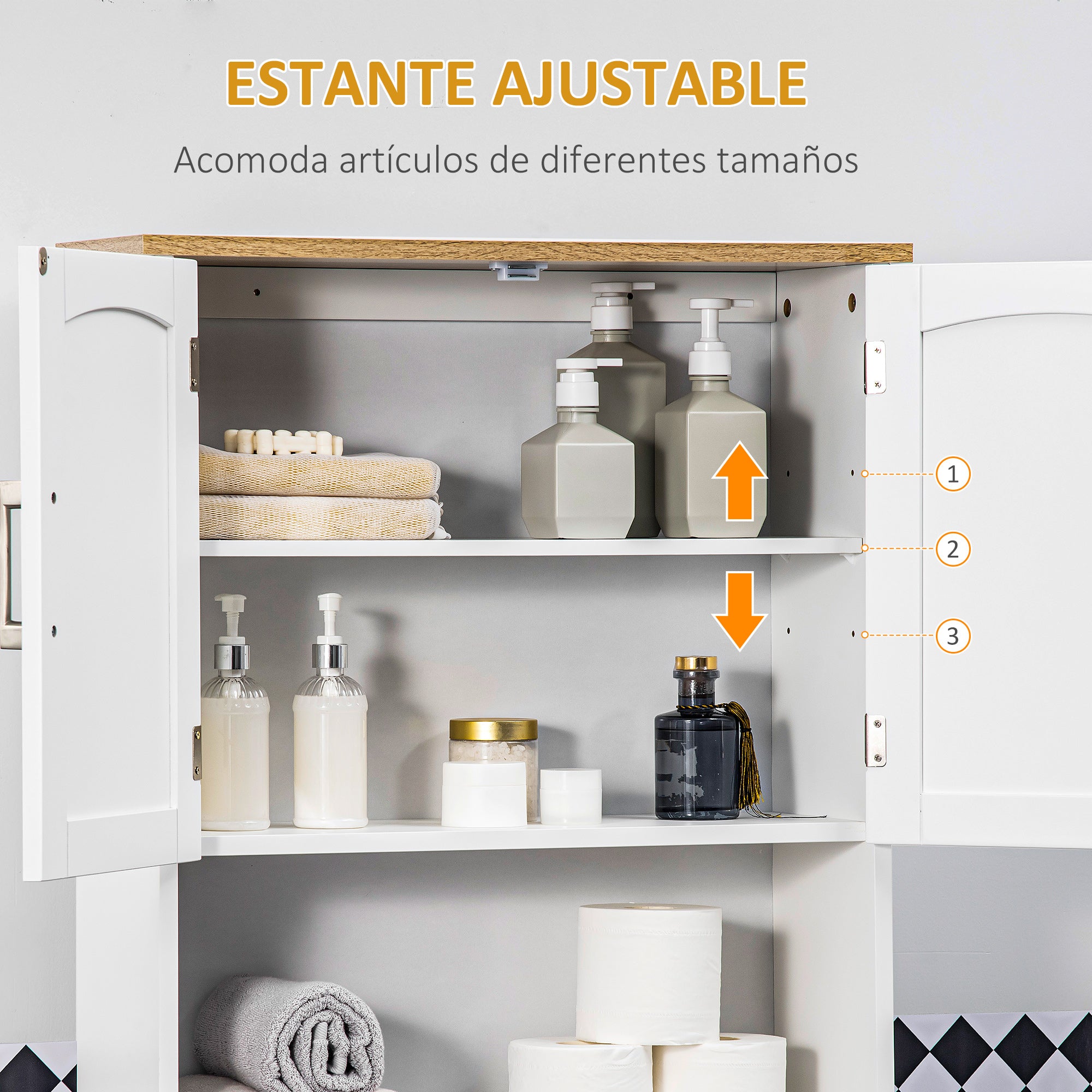 Over-The-Toilet Cabinet Tall Cupboard for Washer with 2 Doors Adjustable Shelf Interior and Storage Shelf for Bathroom WC Load 44 lbs Anti-Tip 25.2x8.7x65 inches White