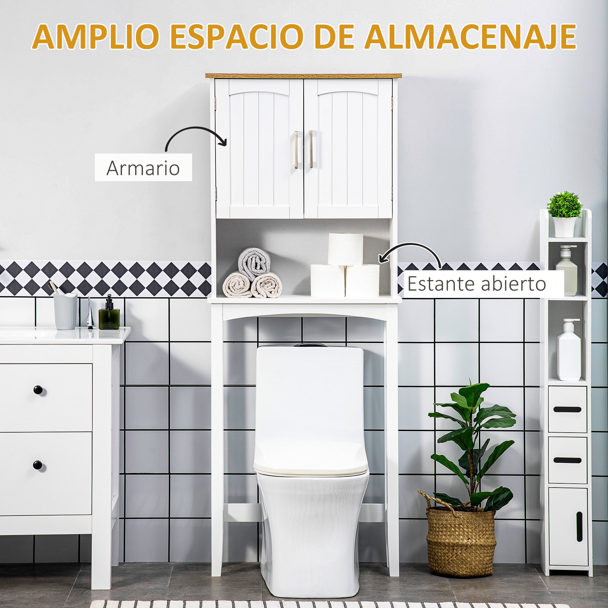 Over-The-Toilet Cabinet Tall Cupboard for Washer with 2 Doors Adjustable Shelf Interior and Storage Shelf for Bathroom WC Load 44 lbs Anti-Tip 25.2x8.7x65 inches White