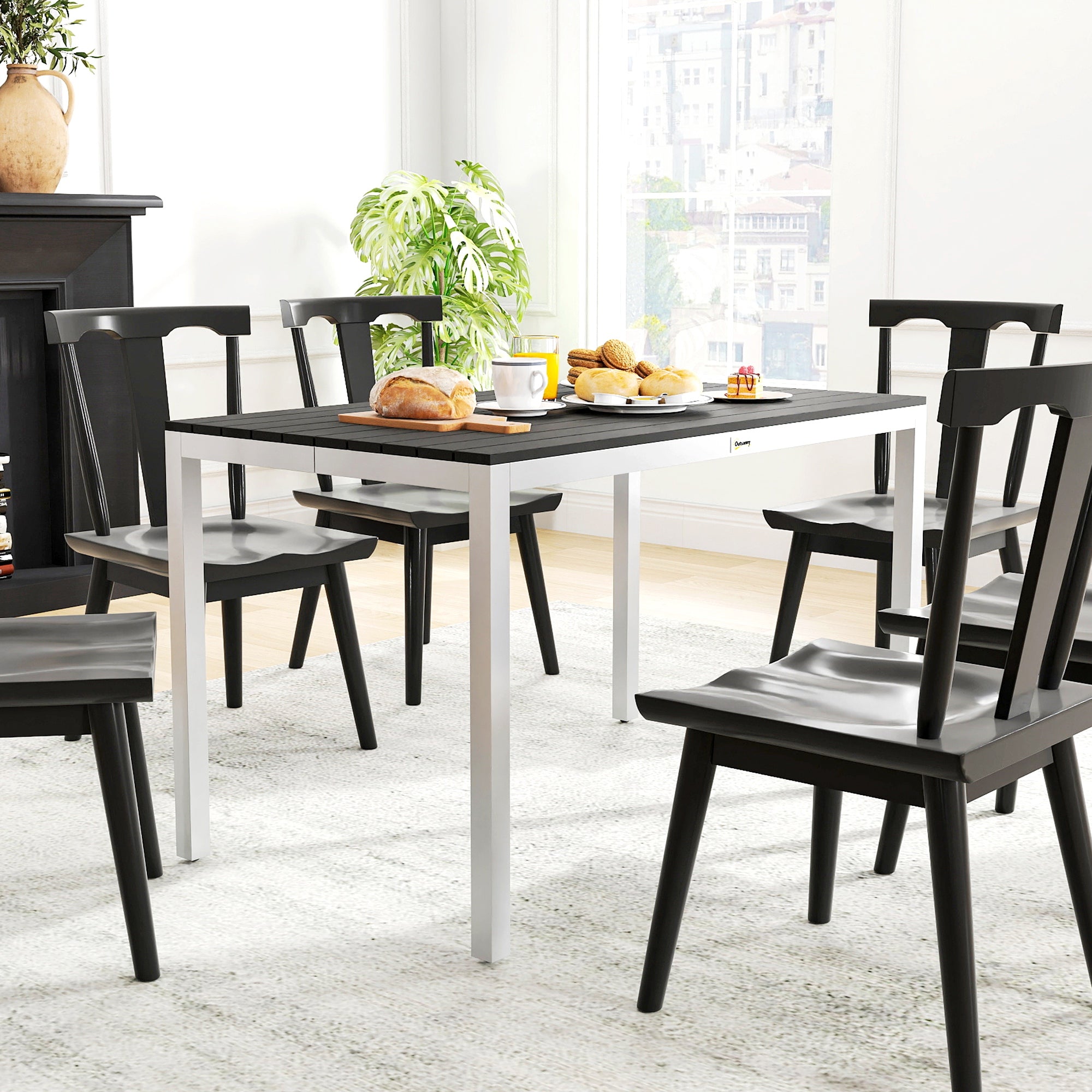 Rectangular Garden Dining Table Outdoor Terrace Table 120x90x72 cm with Aluminum Frame Imitation Wood and Slatted Top Load 50 kg for Patio Balcony Black