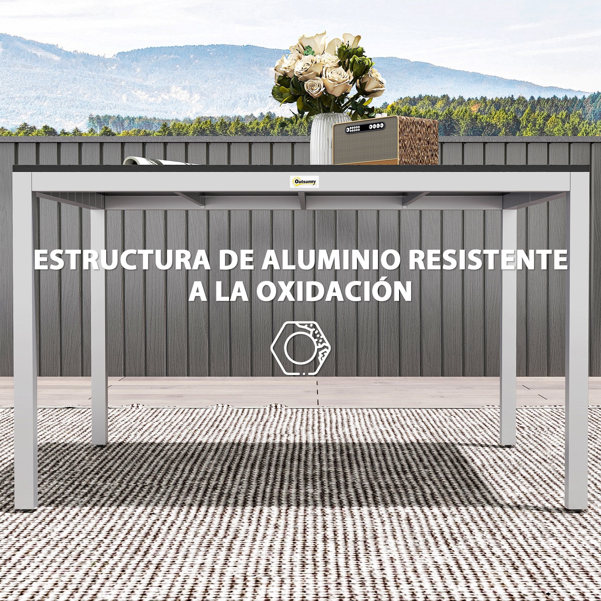 Rectangular Garden Dining Table Outdoor Terrace Table 120x90x72 cm with Aluminum Frame Imitation Wood and Slatted Top Load 50 kg for Patio Balcony Black