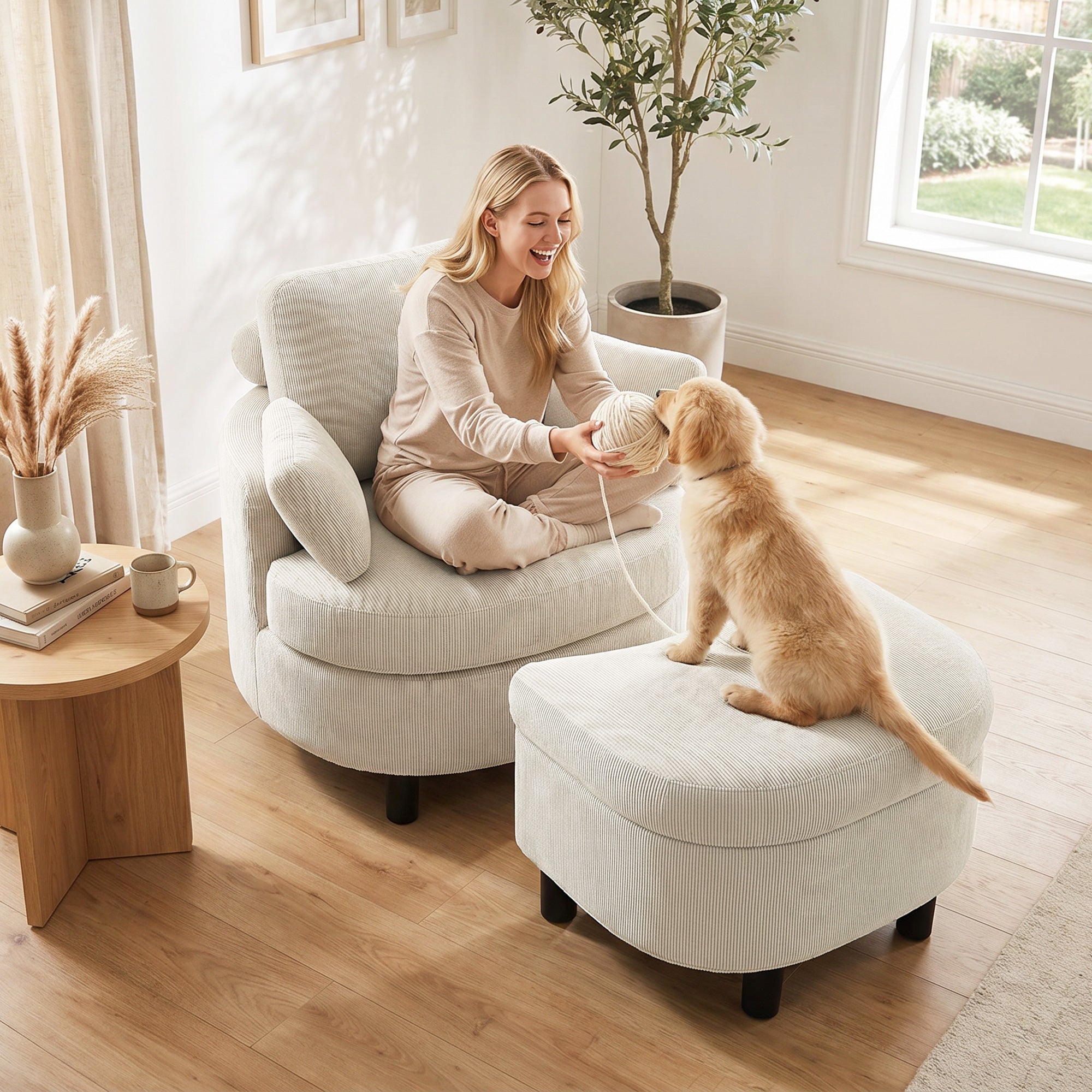 Cord Upholstered Lounge Chair with Storage Ottoman, Adjustable Headrest — Wide Relaxing Armchair for Living Room & Bedroom, Cream