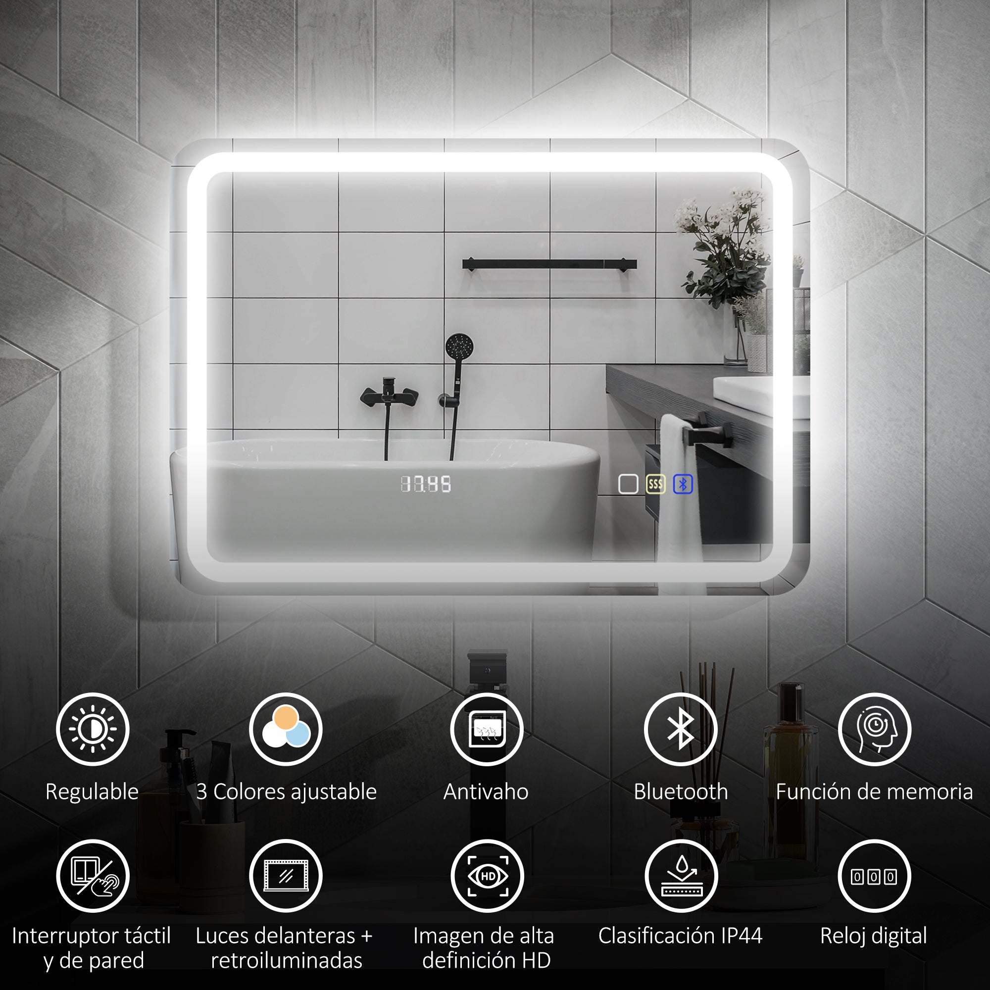 Bathroom Mirror with LED Light 70x50 cm Bluetooth Wall Mirror with 3 Light Colors Digital Clock Anti-Fog Function Memory Function Touch Switch IP44