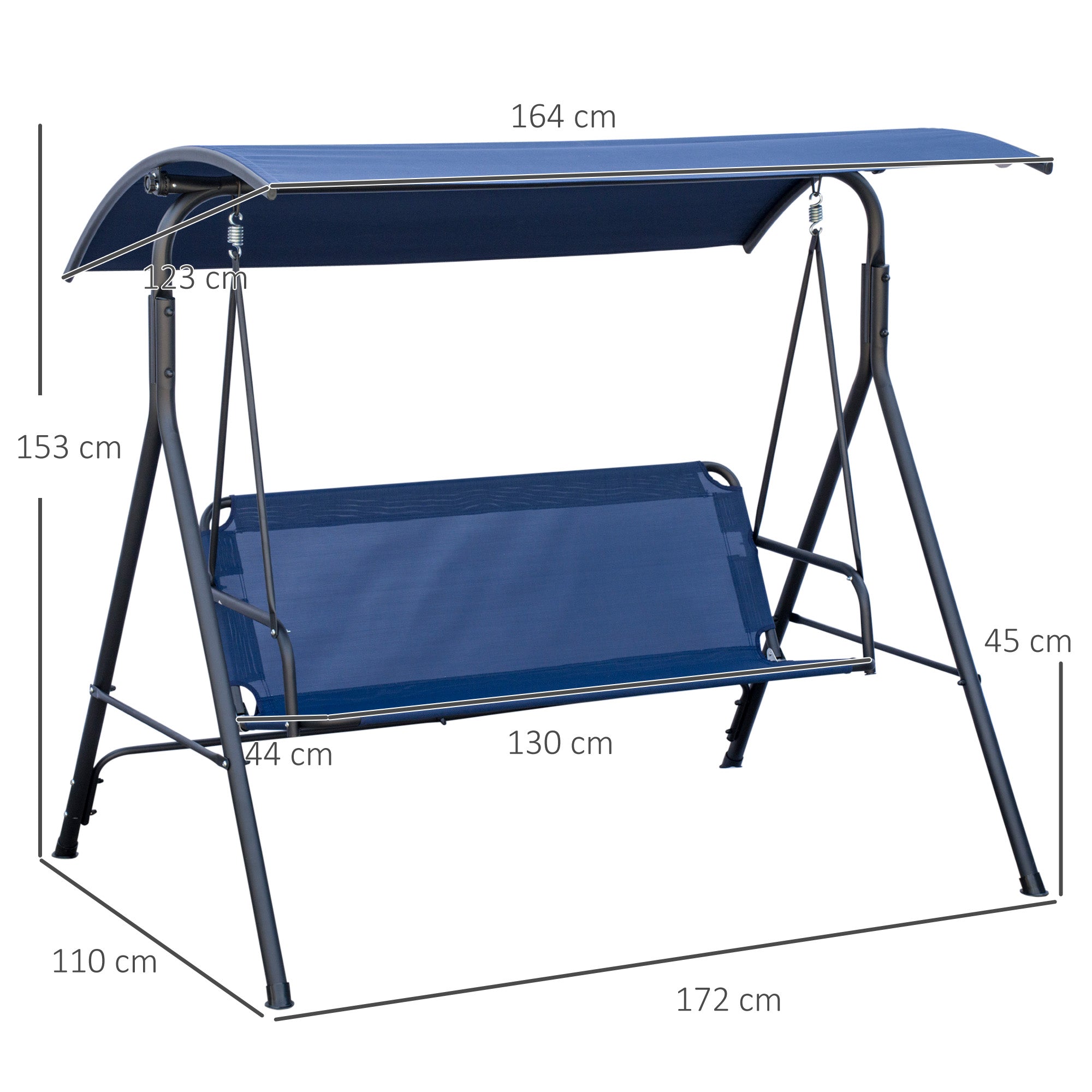 Garden Swing 3 Seater with Adjustable Canopy, Outdoor Swing with Breathable Texteline Seat and Metal Frame, Supports Up to 240 kg, 172x110x153 cm, Dark Blue