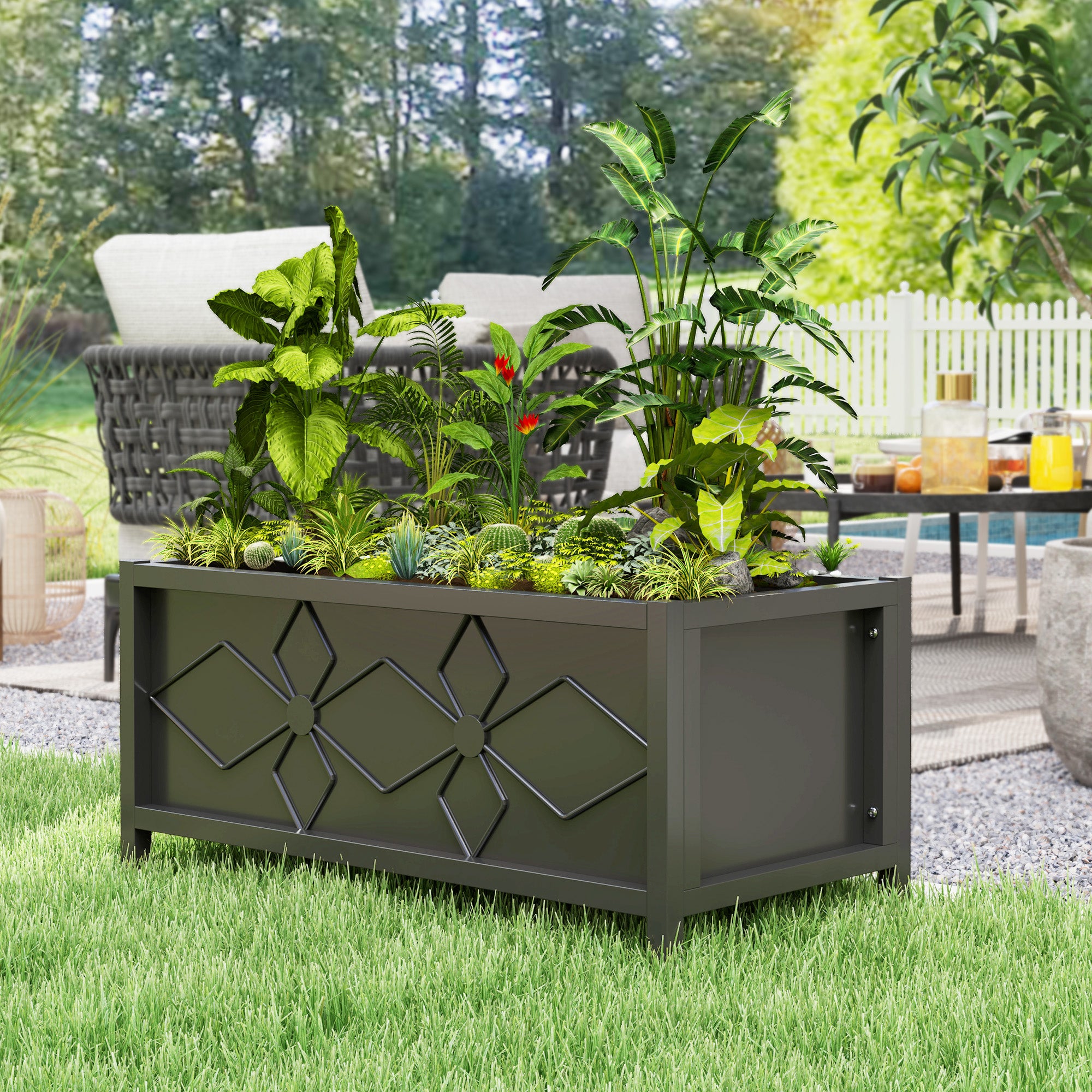 Raised Planter Box Made of Galvanized Steel with Safety Edge, Rectangular Garden Bed for Flowers, Herbs, and Vegetables, 80 x 40 x 38 cm, Black