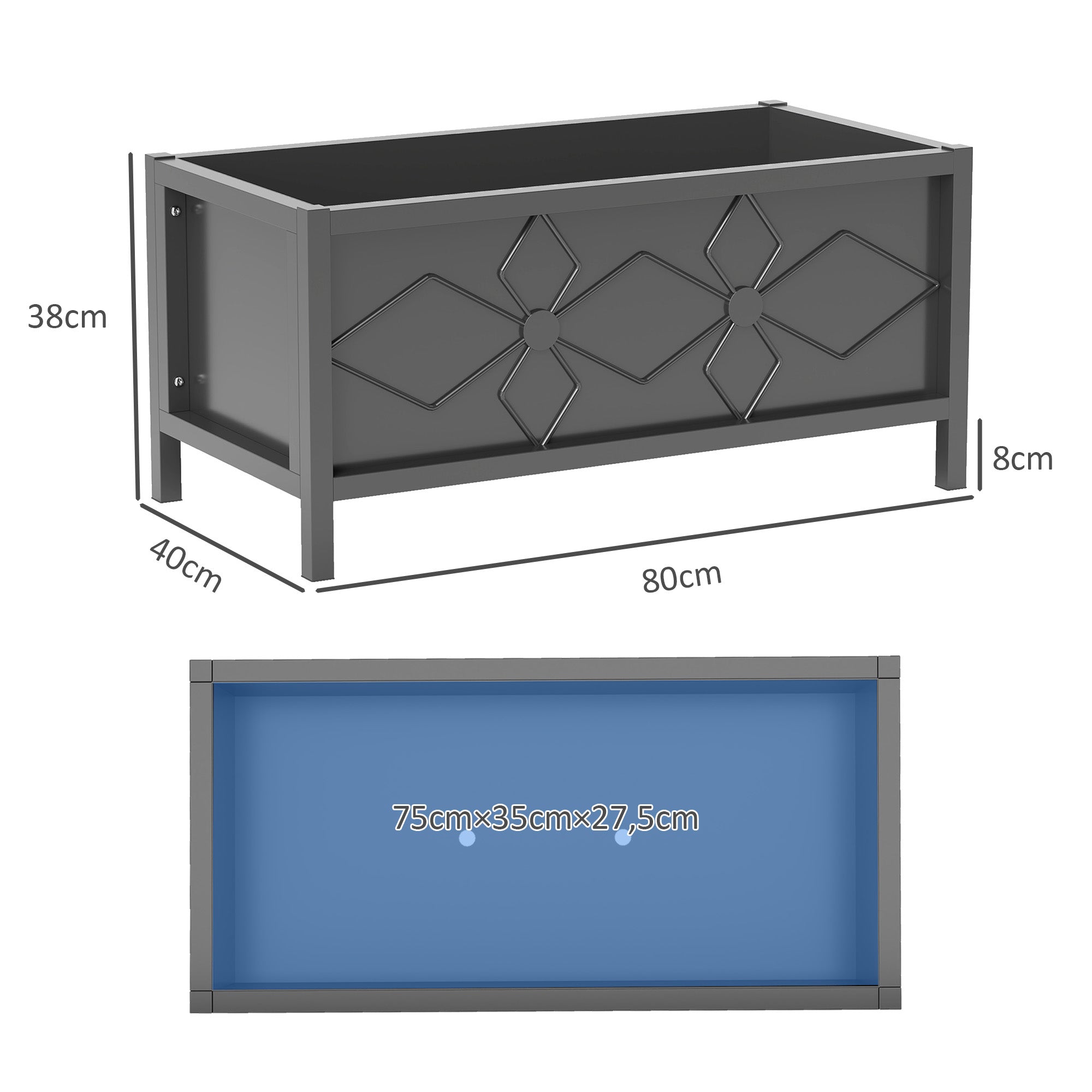 Raised Planter Box Made of Galvanized Steel with Safety Edge, Rectangular Garden Bed for Flowers, Herbs, and Vegetables, 80 x 40 x 38 cm, Black