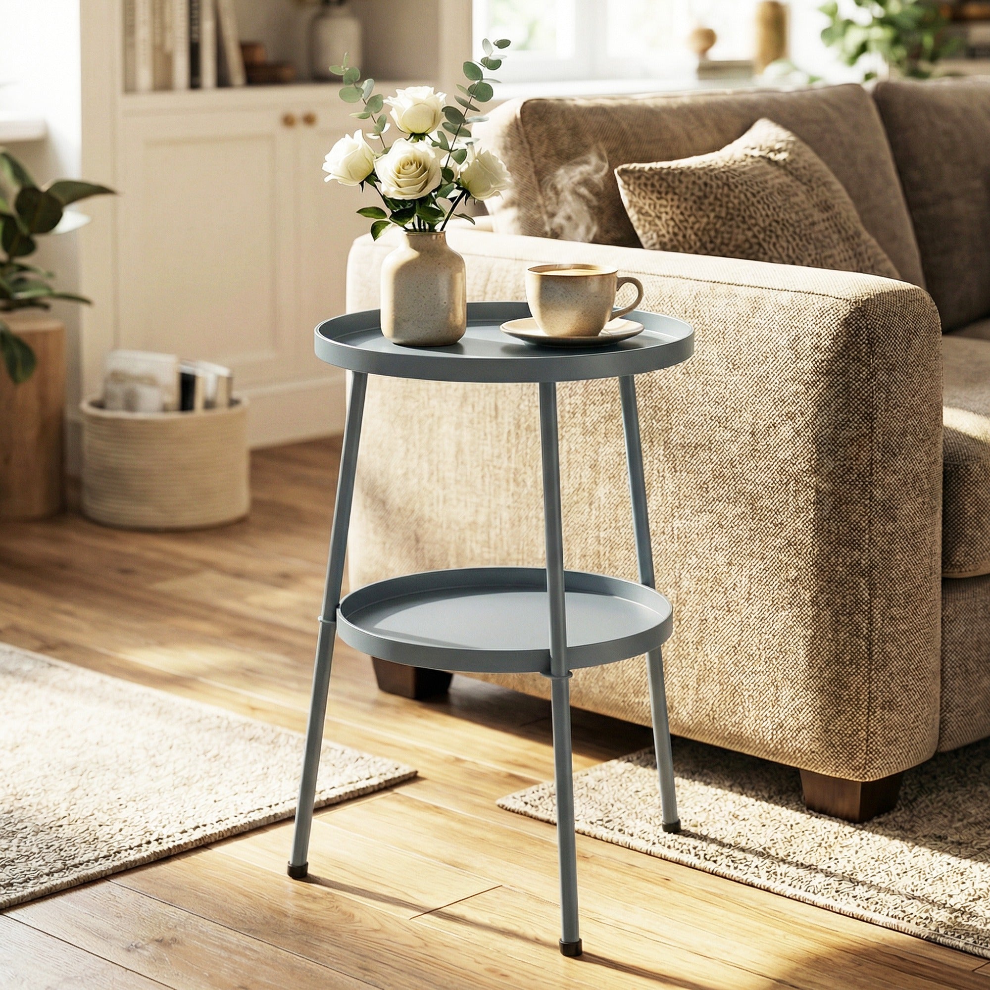 14.2" Round Outdoor Side Table — Metal Tripod Patio/Balcony Accent Table, Dark Gray