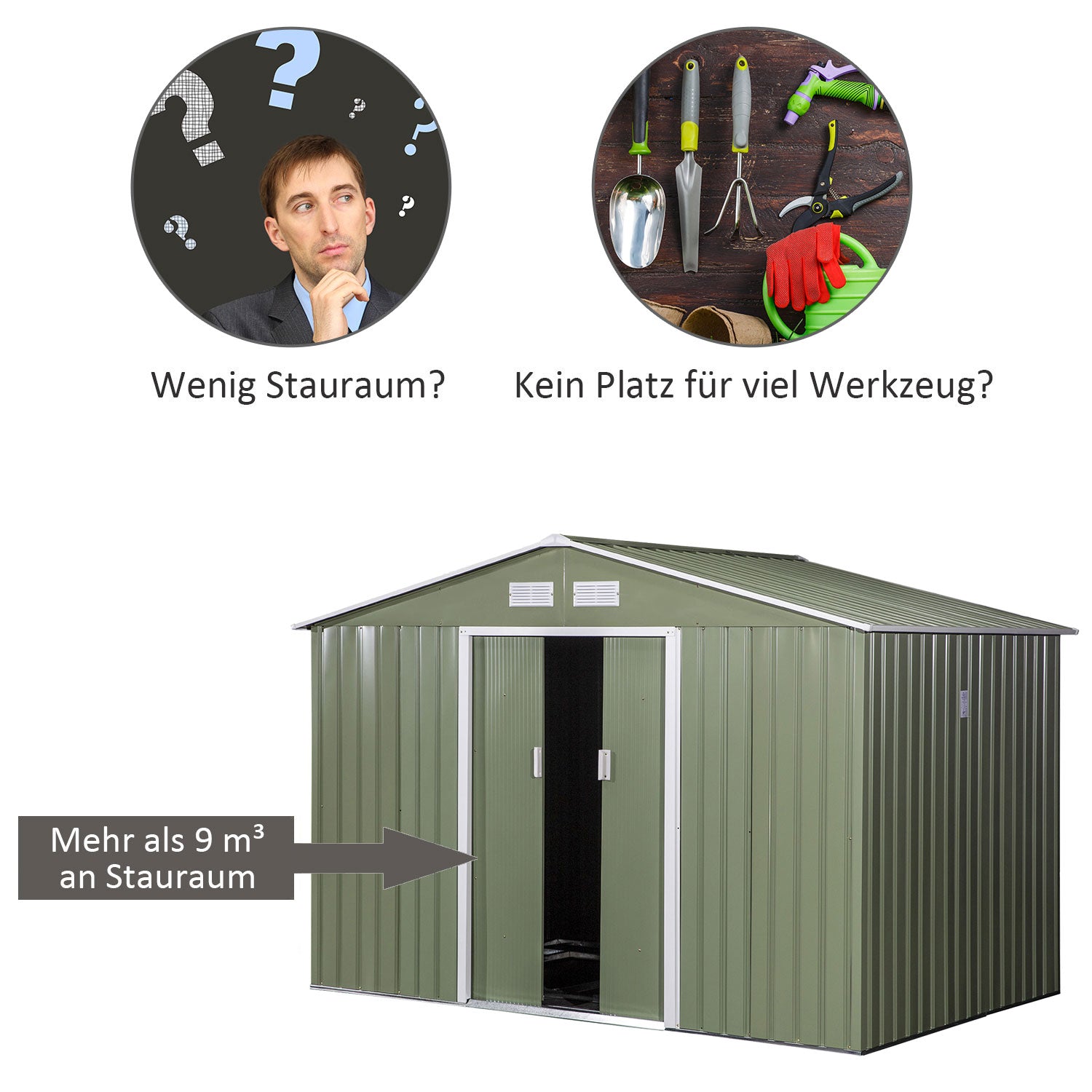 Tool Shed 4.9 m², Garden House with Gable Roof, Sliding Door, Foundation, 277 x 195 x 192 cm, Zinc-Coated Steel Tool Shed, Weatherproof, for Garden, Light Green