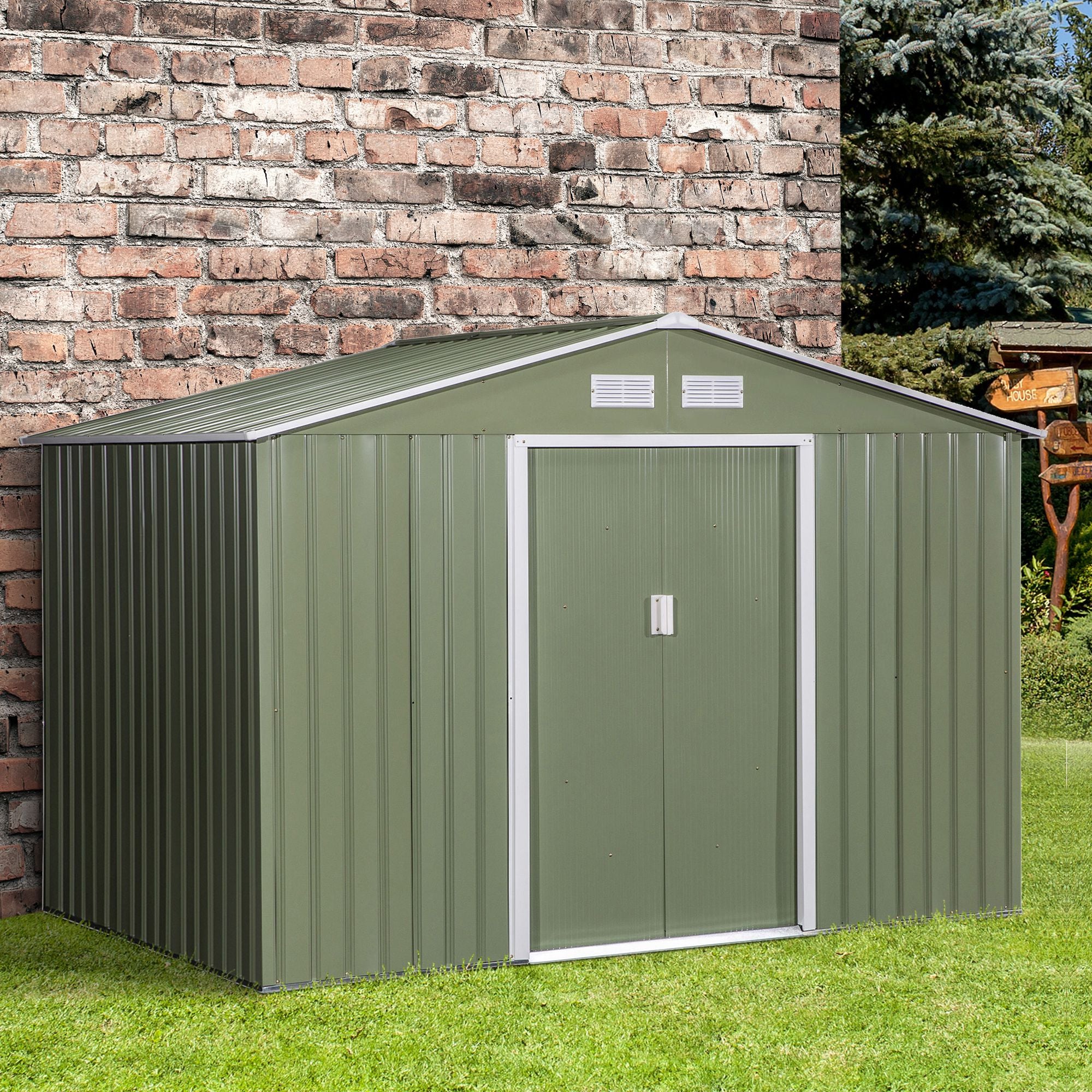 Tool Shed 4.9 m², Garden House with Gable Roof, Sliding Door, Foundation, 277 x 195 x 192 cm, Zinc-Coated Steel Tool Shed, Weatherproof, for Garden, Light Green