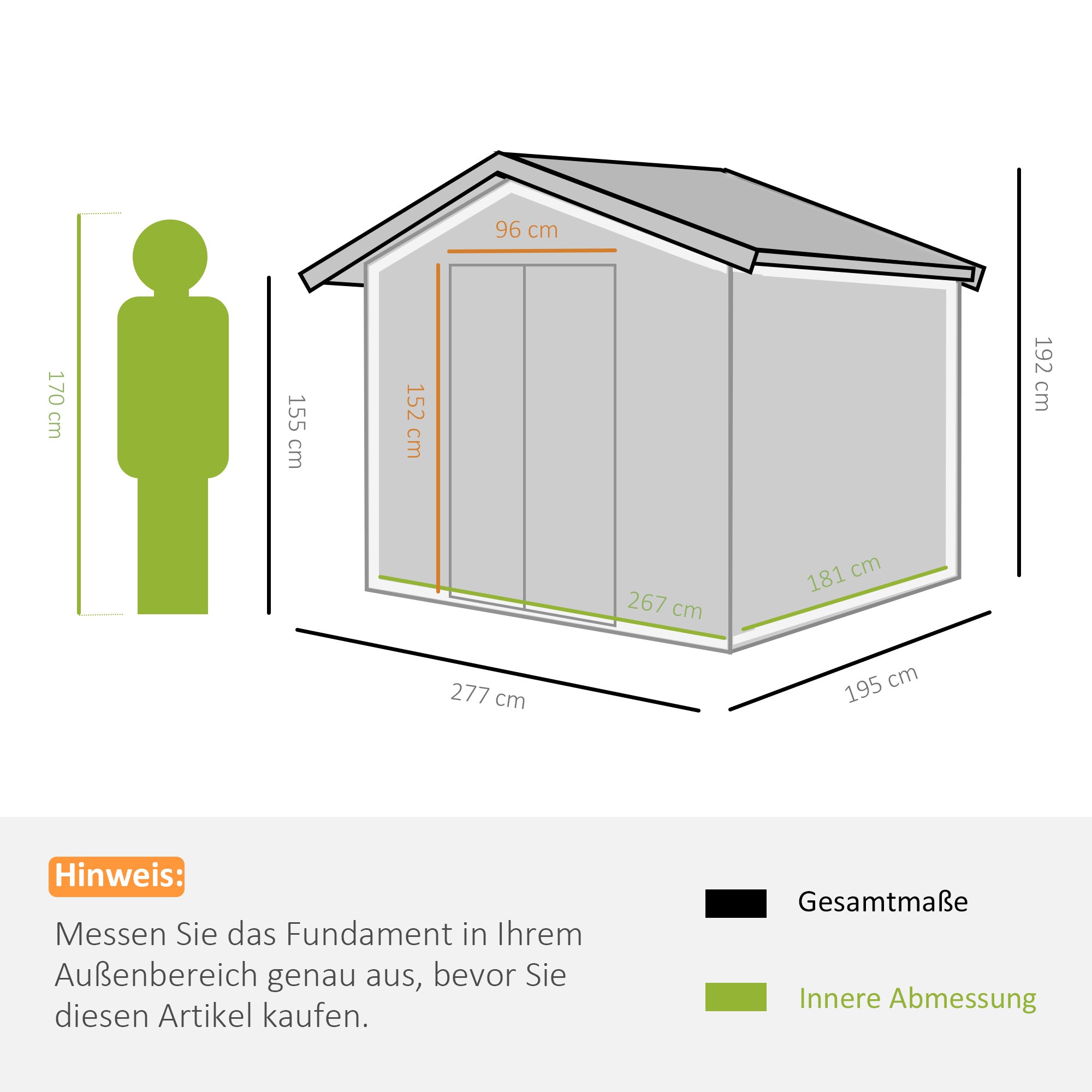 Tool Shed 4.9 m², Garden House with Gable Roof, Sliding Door, Foundation, 277 x 195 x 192 cm, Zinc-Coated Steel Tool Shed, Weatherproof, for Garden, Light Green