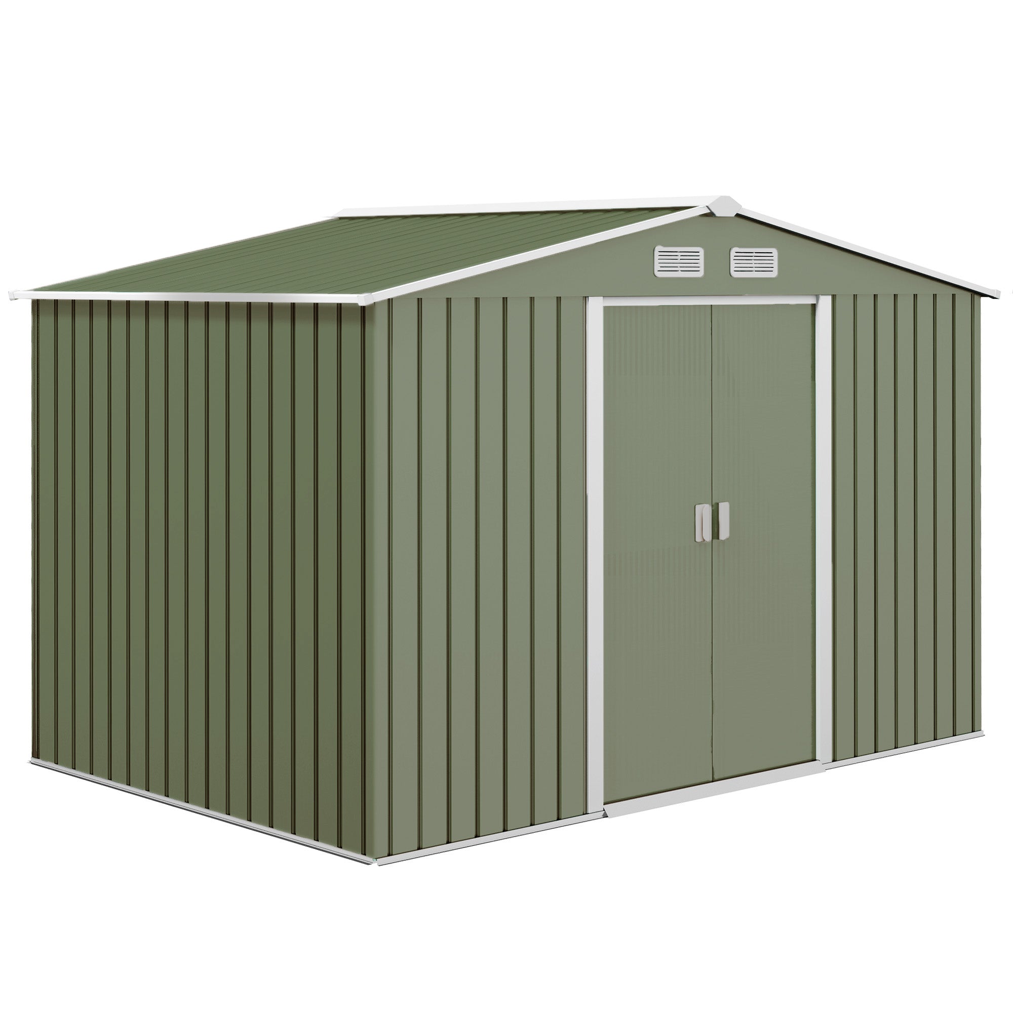 Tool Shed 4.9 m², Garden House with Gable Roof, Sliding Door, Foundation, 277 x 195 x 192 cm, Zinc-Coated Steel Tool Shed, Weatherproof, for Garden, Light Green