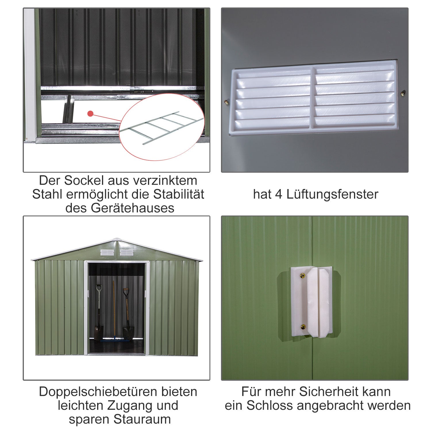 Tool Shed 4.9 m², Garden House with Gable Roof, Sliding Door, Foundation, 277 x 195 x 192 cm, Zinc-Coated Steel Tool Shed, Weatherproof, for Garden, Light Green