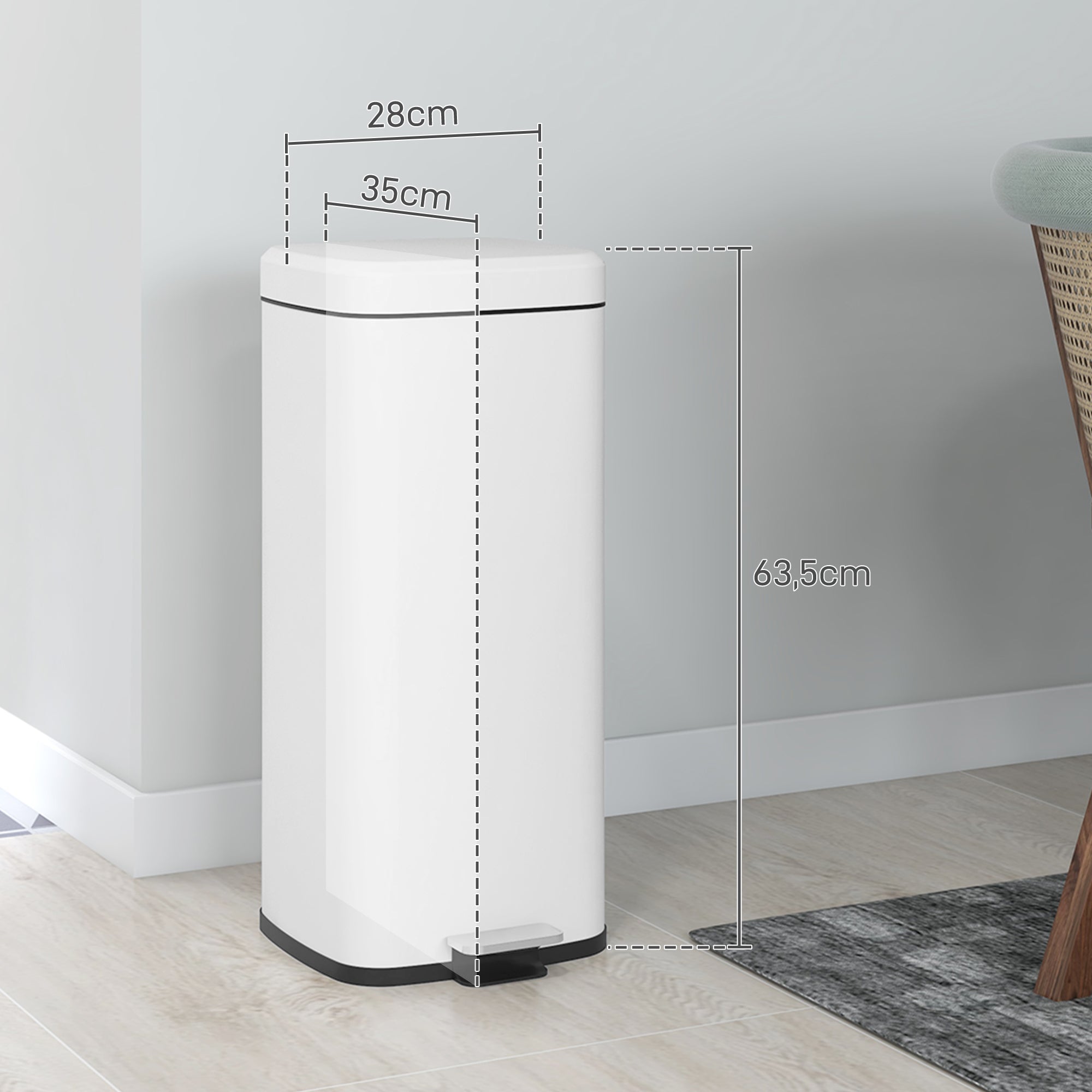 30L Trash Can Pedal Bin Cosmetics Bin Waste Bin with Lid and Foot Pedal, Trash Container with Inner Bin, for Living Room, Office, Metal, 28cm x 35cm x 63.5cm