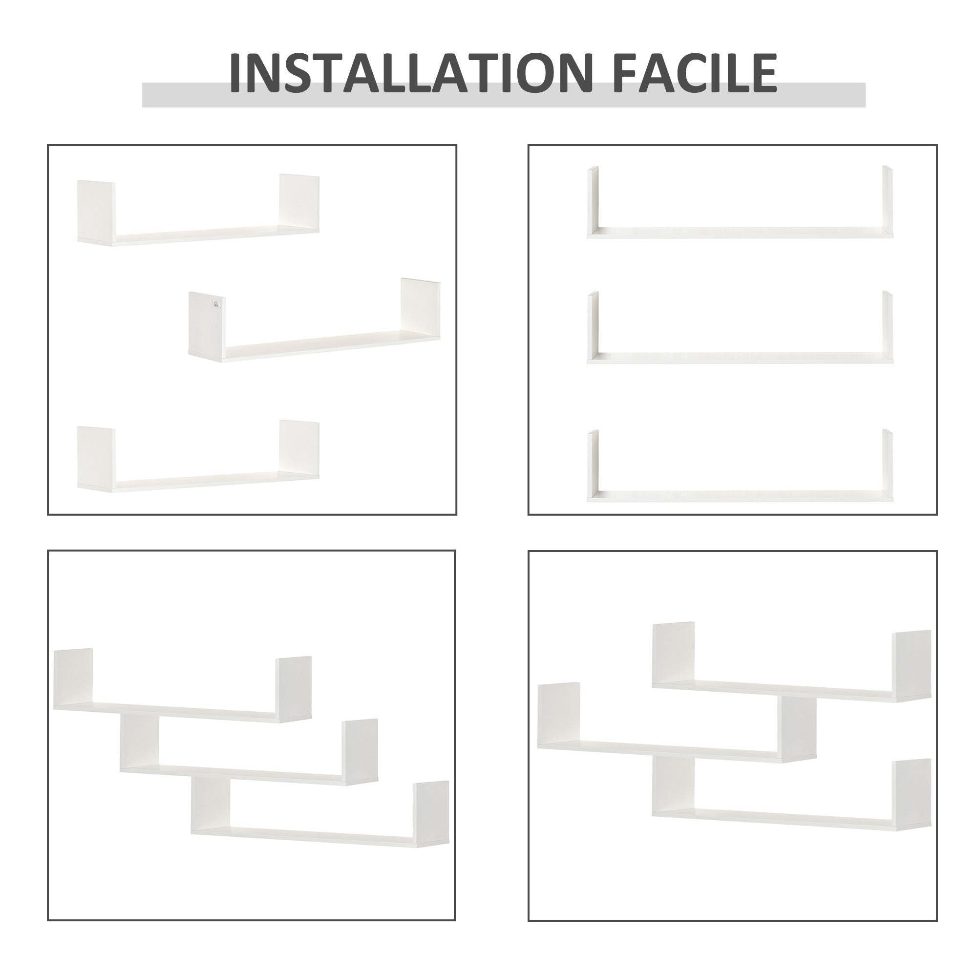 Set of 3 White Wood Grain Floating Wall Shelves - 80L x 18W x 18H cm - complete fixing kit included - MDF