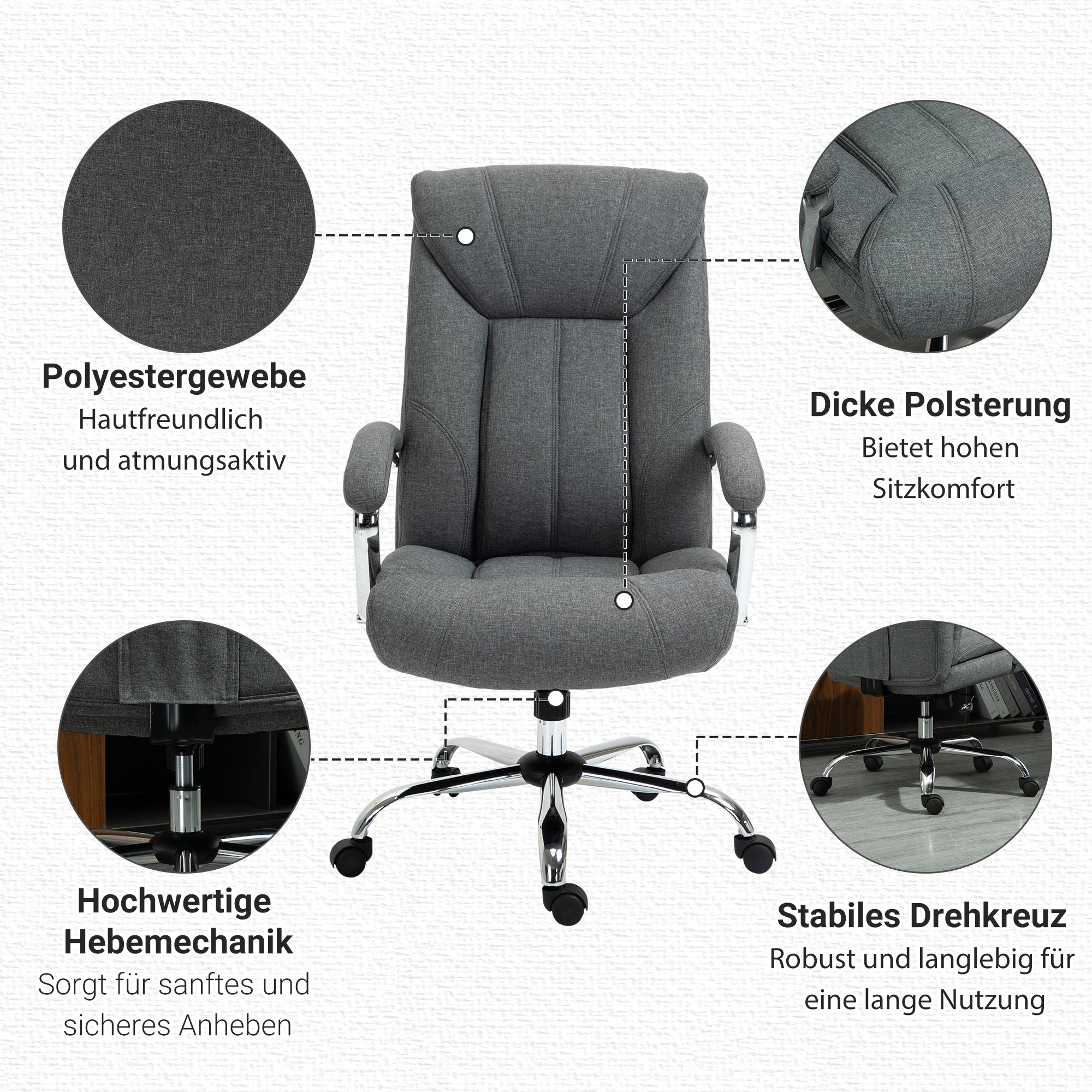 Office Chair with Rocking Function Ergonomic Chair with Padded Armrest Headrest Height Adjustable Desk Chair Swivel Chair with Backrest Nylon Gray 65 x 78 x 110-118 cm