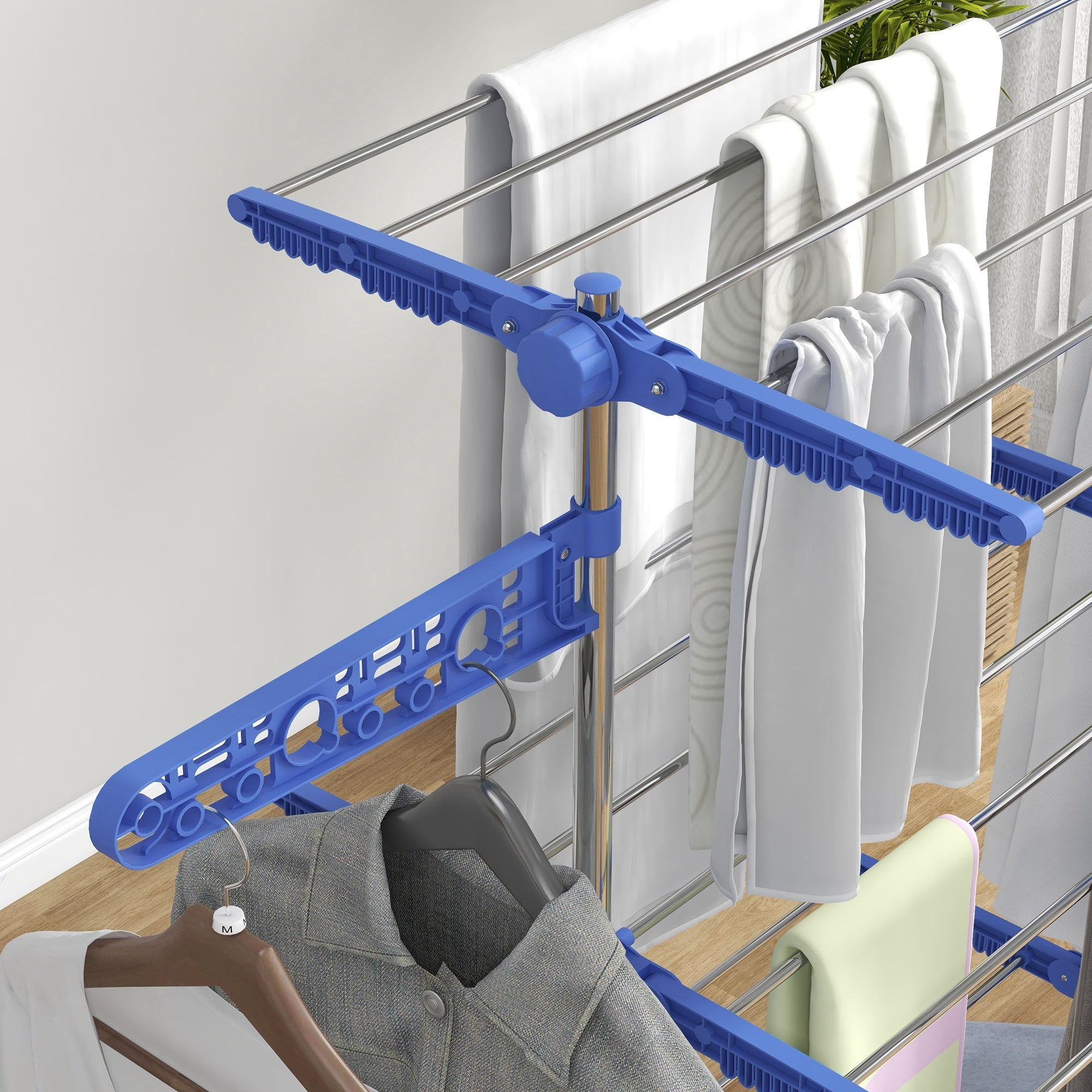 Laundry Stand Tower Dryer with 3 Levels, Foldable Wings, Wheels, Tower Laundry Stand for Indoor and Outdoor Use, 142 x 55 x 152 cm, Blue