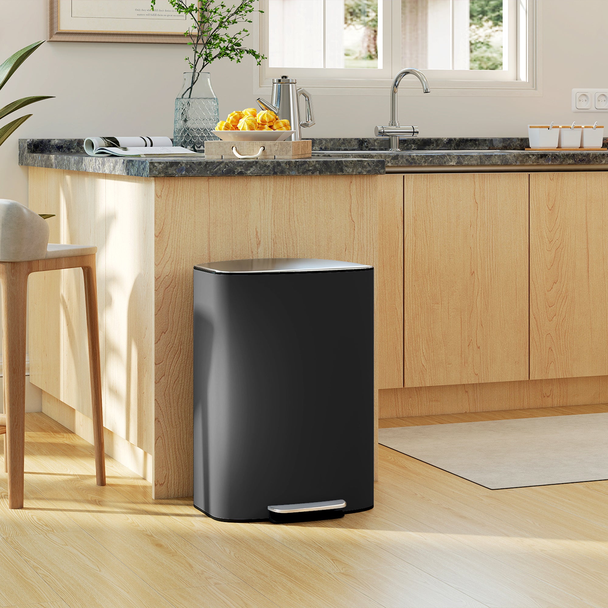50L (13.2 gal) Kitchen Step Trash Can with Stay-Open Function, Soft-Close Lid, Foot Pedal – Stainless Steel, Black, 17.8 x 14.4 x 24.6 in (45.1 x 36.5 x 62.6 cm)