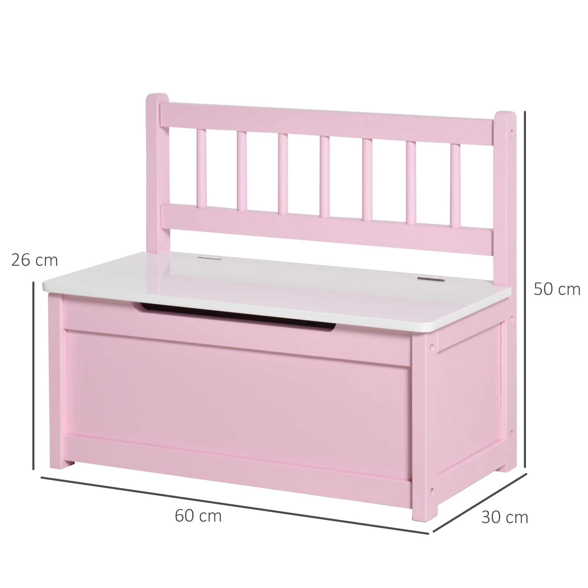 Toy Box Storage Bench for Kids with Backrest and Cushioned Lid, 40 kg Capacity for Playrooms Bedroom 60x30x50 cm Pink and White