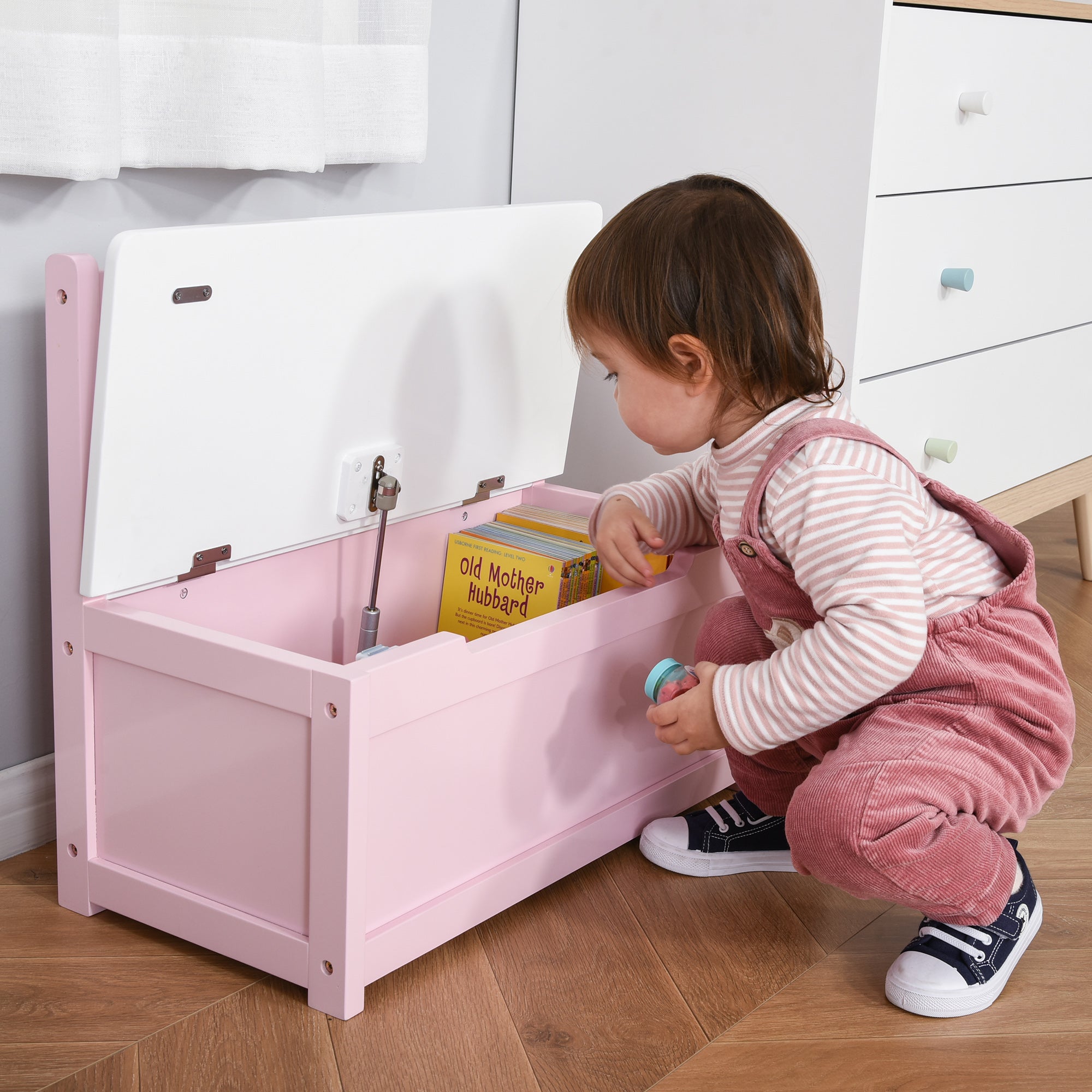 Toy Box Storage Bench for Kids with Backrest and Cushioned Lid, 40 kg Capacity for Playrooms Bedroom 60x30x50 cm Pink and White