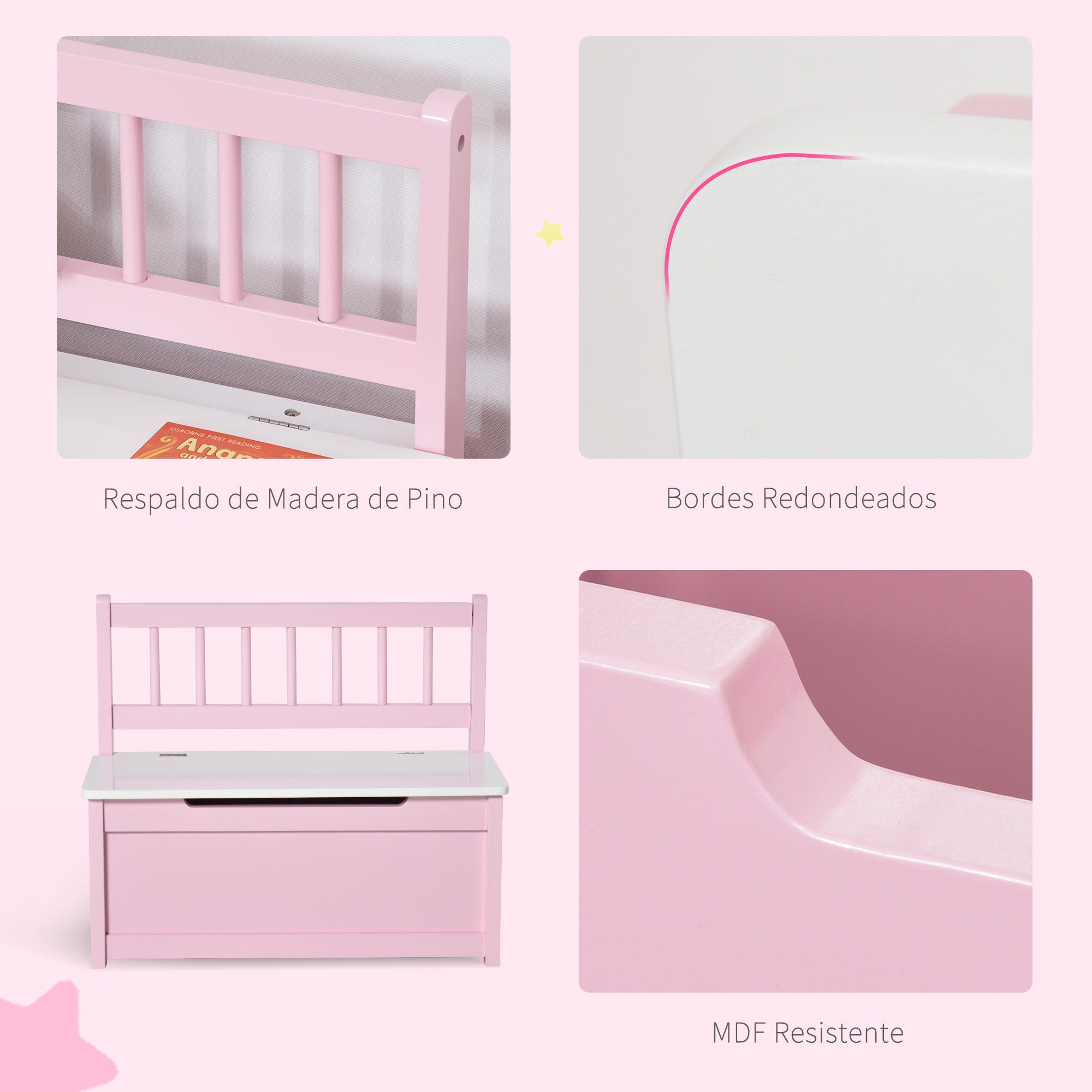 Toy Box Storage Bench for Kids with Backrest and Cushioned Lid, 40 kg Capacity for Playrooms Bedroom 60x30x50 cm Pink and White