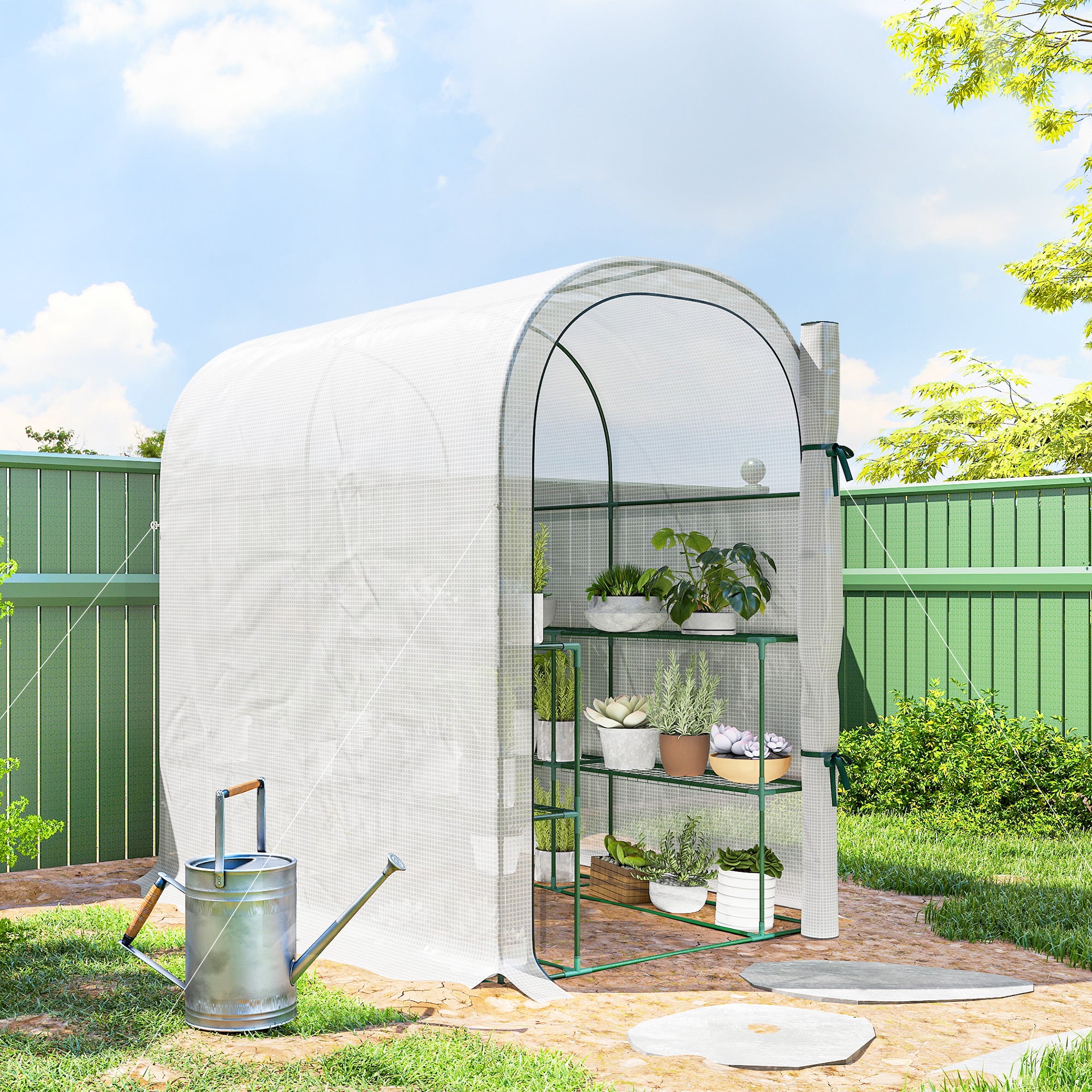 Garden Greenhouse with Shelves, 123 x 187 x 189 cm (48.4 x 73.6 x 74.4 in) – Roll-Up Door, 140 gsm High-Density PE Cover, Extended 10 cm, White