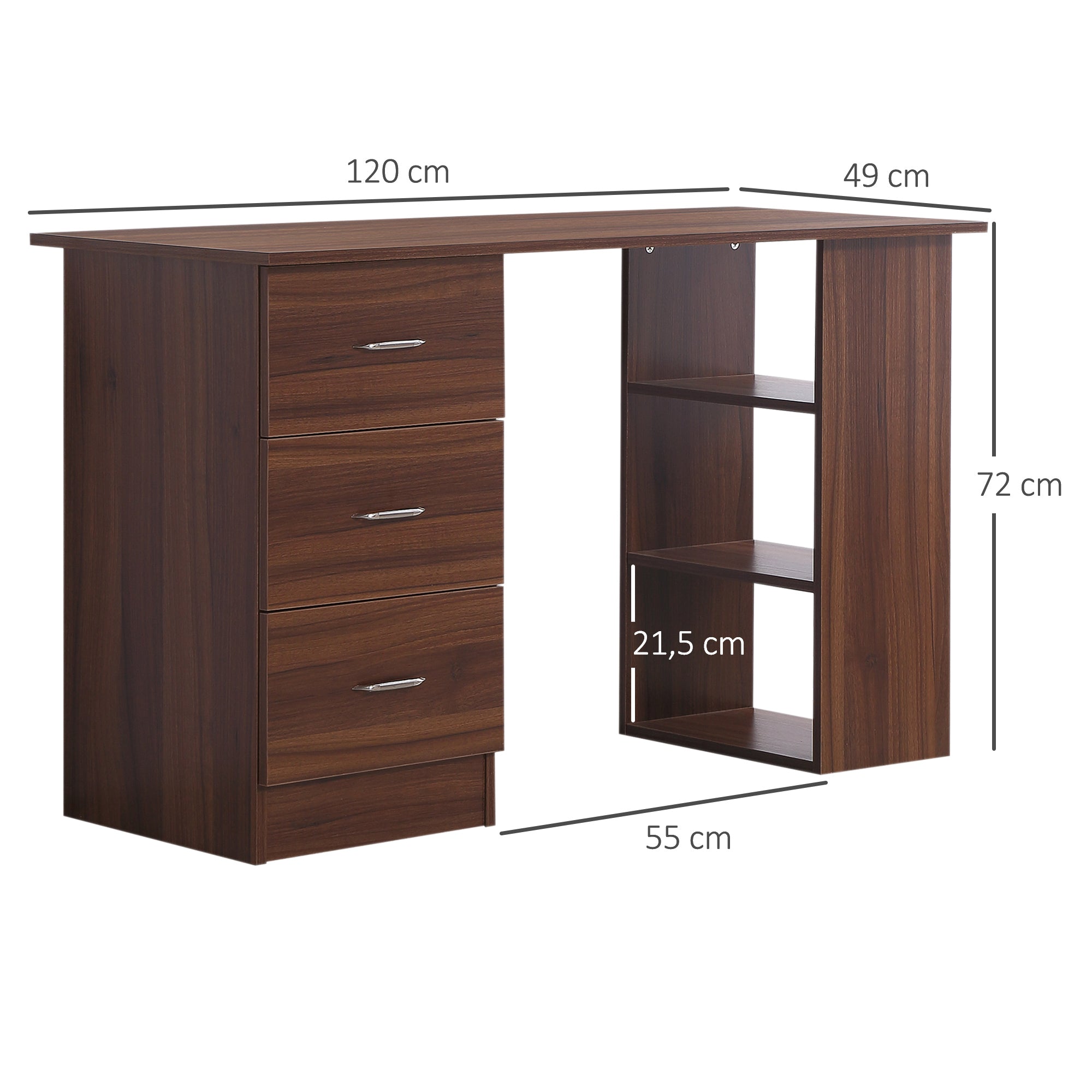 Desk with Storage, Computer Table 120 x 50 cm, Computer Desk with Shelves and Drawers, for Small Spaces, Bedroom, Walnut Finish