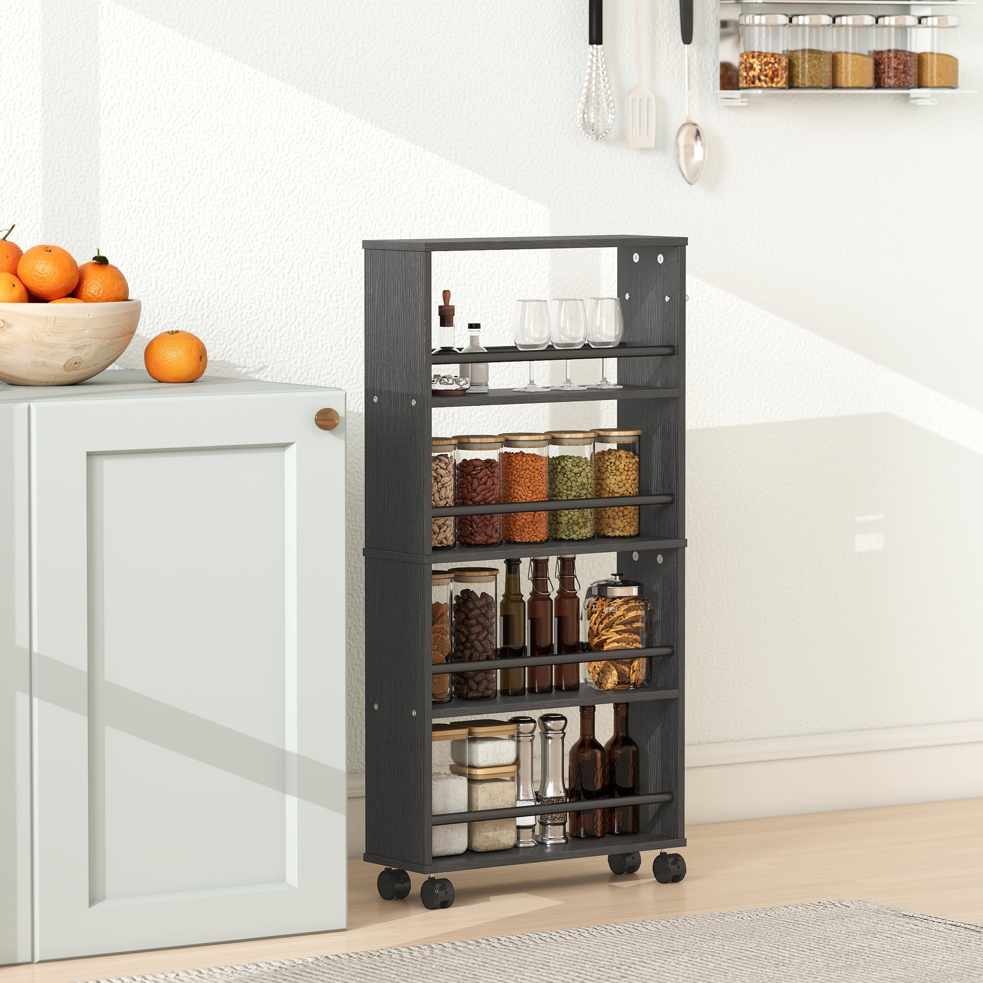 4-Tier Rolling Serving Cart with Handle and Brakes — Slim Utility Trolley for Kitchen, Office, Bathroom, Black