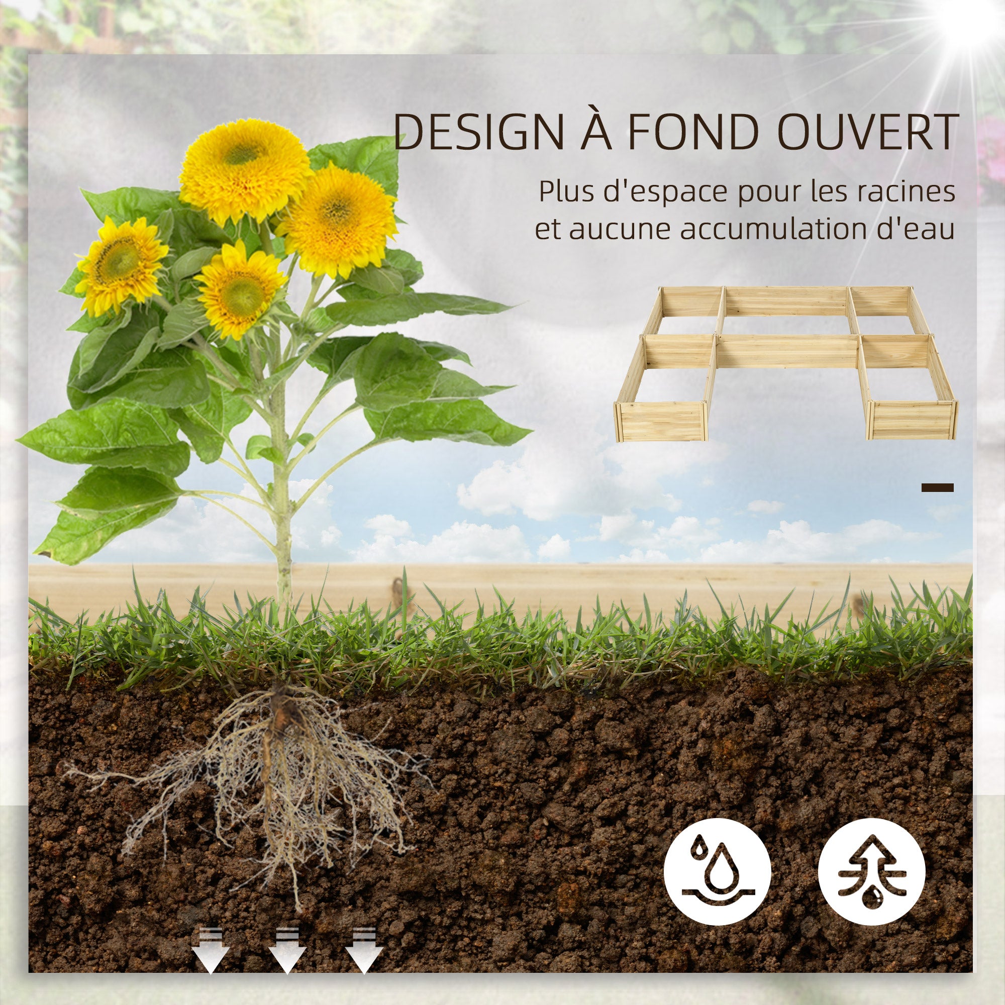 Set of 5 modular wooden raised garden planters for outdoor, pre-oiled fir wood, dim. 230L x 230W x 28H cm natural wood