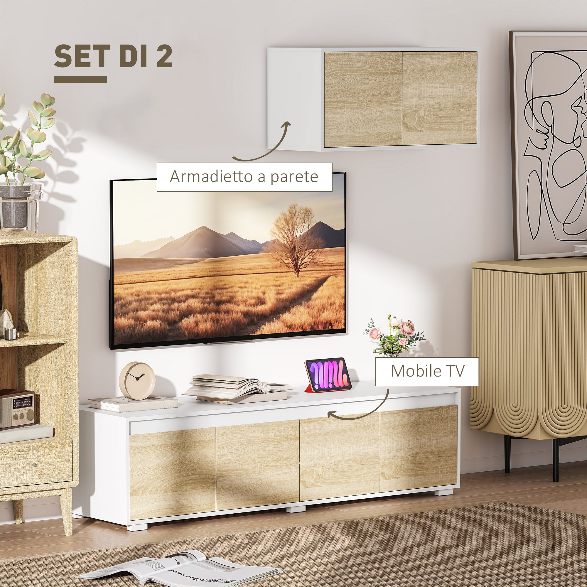 Set of 2 Living Room Wall Unit in Particle Board, TV Stand max 70" 160x39x43 cm and Wall-Mounted Multipurpose Cabinet 80x35x40 cm, White and Wood Color