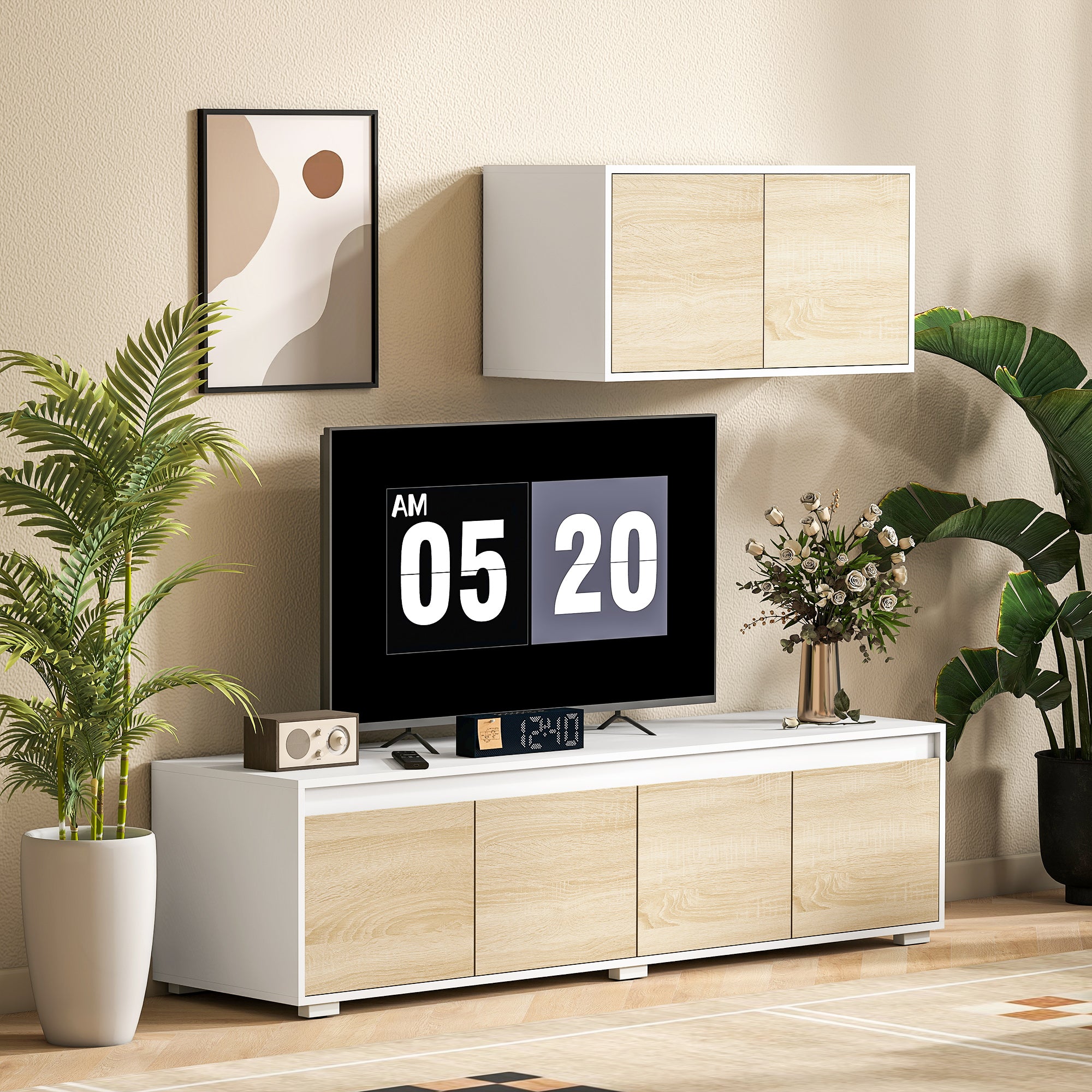 Set of 2 Living Room Wall Unit in Particle Board, TV Stand max 70" 160x39x43 cm and Wall-Mounted Multipurpose Cabinet 80x35x40 cm, White and Wood Color