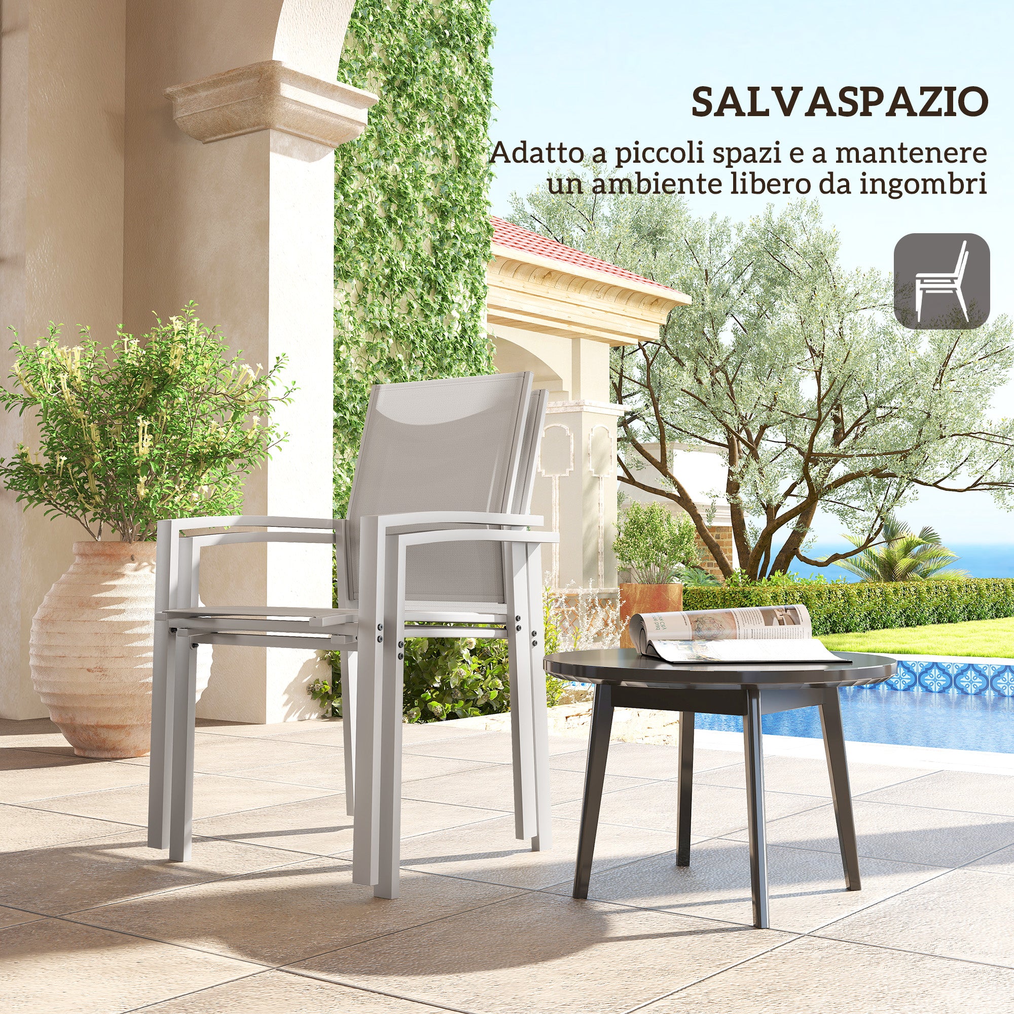 Set 2 Stackable Garden Chairs with Armrests, Outdoor Dining Chairs in Aluminum and Waterproof Texteline, for Patio, Balcony, Terrace, Outdoor and Indoor, 56x58x89cm, Light Grey