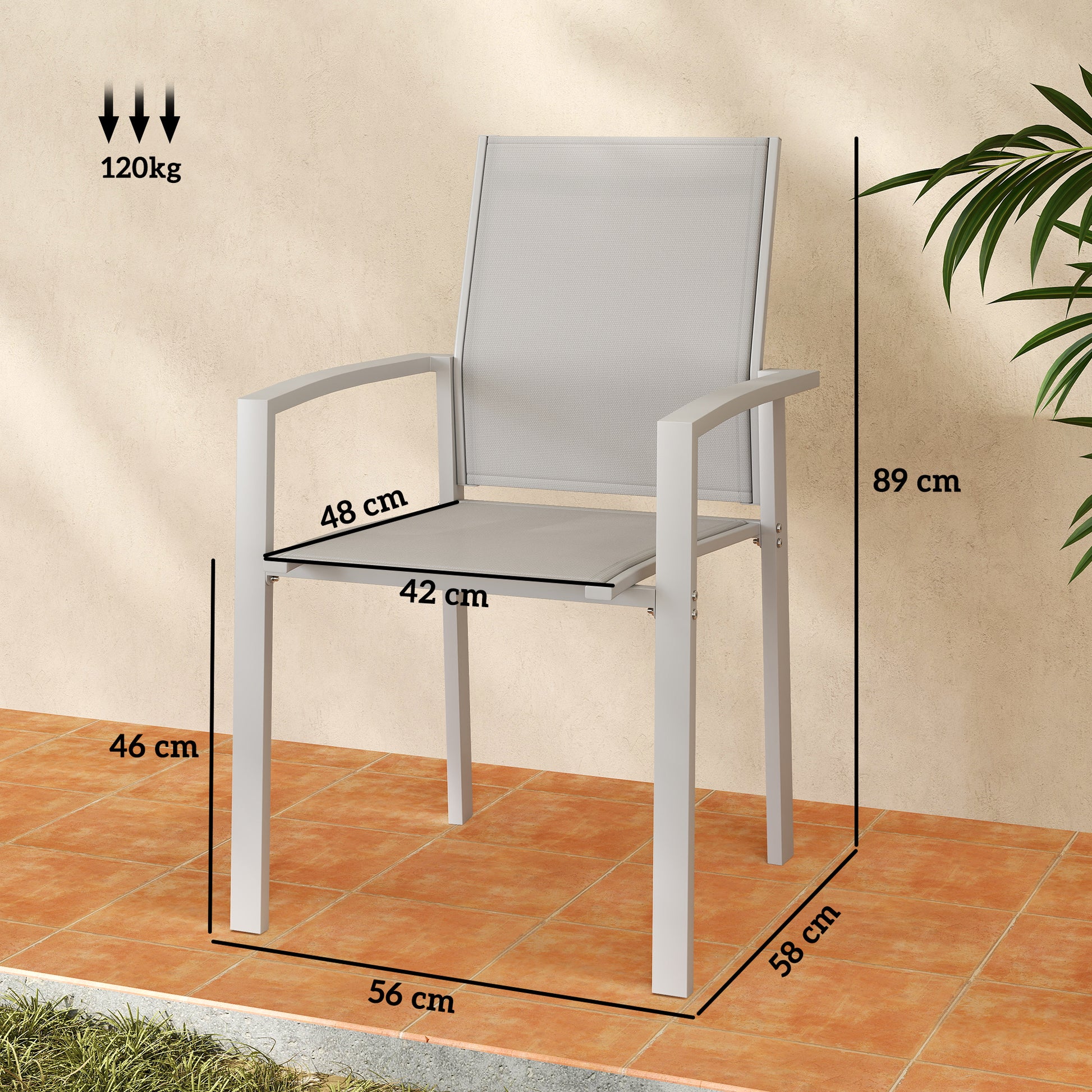 Set 2 Stackable Garden Chairs with Armrests, Outdoor Dining Chairs in Aluminum and Waterproof Texteline, for Patio, Balcony, Terrace, Outdoor and Indoor, 56x58x89cm, Light Grey