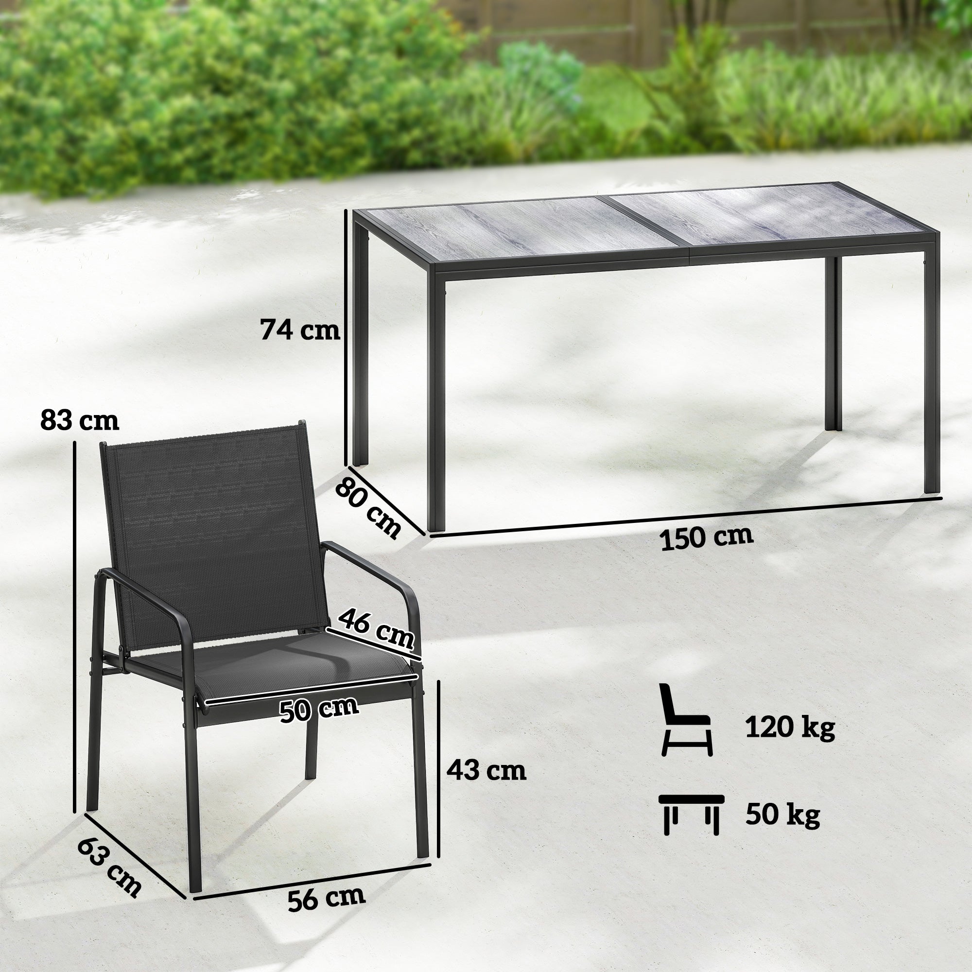7-Piece Outdoor Dining Set – Wood-Effect Table & 6 Breathable Mesh Chairs, Galvanized Steel Frame, Black