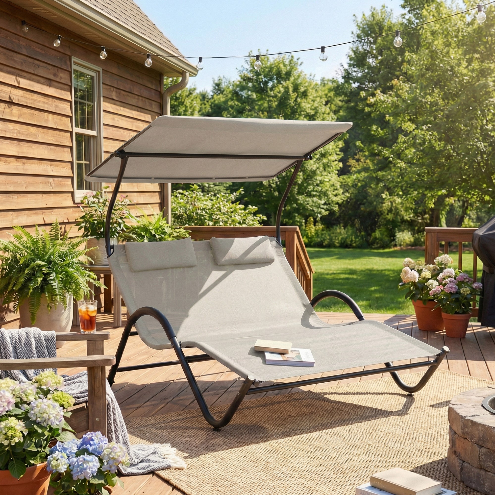 2-Person Sun Lounger with Adjustable Canopy, Headrests & Wheels — Steel/Polyester, Cream — 200 x 137 x 138 cm (78.7 x 53.9 x 54.3 in)