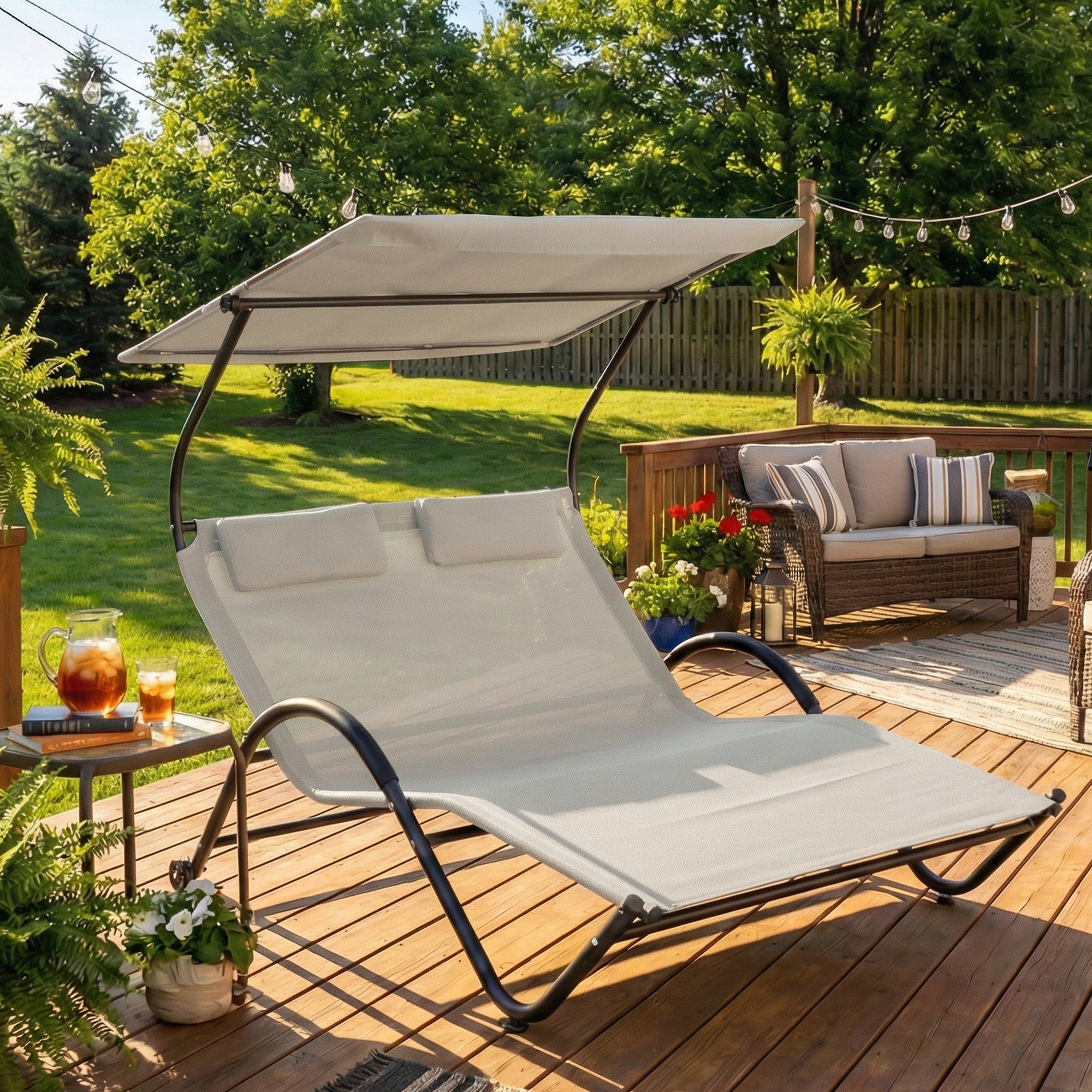 2-Person Sun Lounger with Adjustable Canopy, Headrests & Wheels — Steel/Polyester, Cream — 200 x 137 x 138 cm (78.7 x 53.9 x 54.3 in)