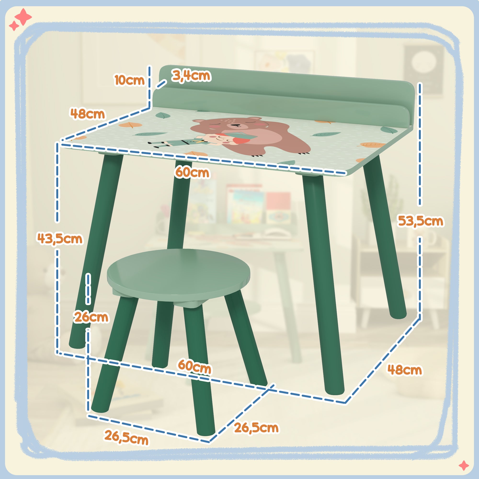 2-Piece Children's Table and Chair Set Kids Table with Chair and Bookshelf Desk for Children 3+ Years for Playroom Green