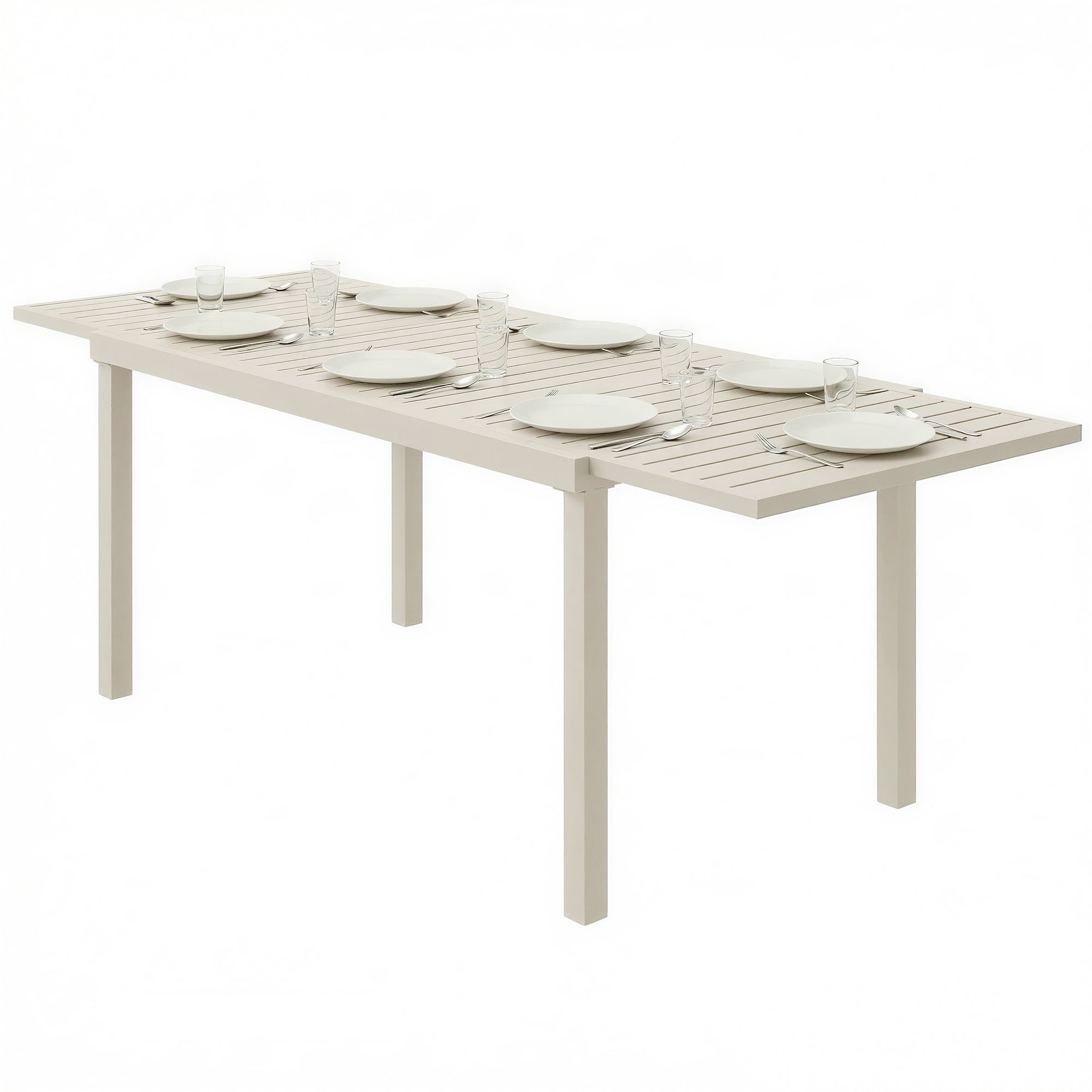 Extendable Garden Dining Table — 59.1/88.6 x 33.5 x 29.5 in (150/225 x 85 x 75 cm), Rectangular Aluminum Slatted Top, Seats 6–8, White