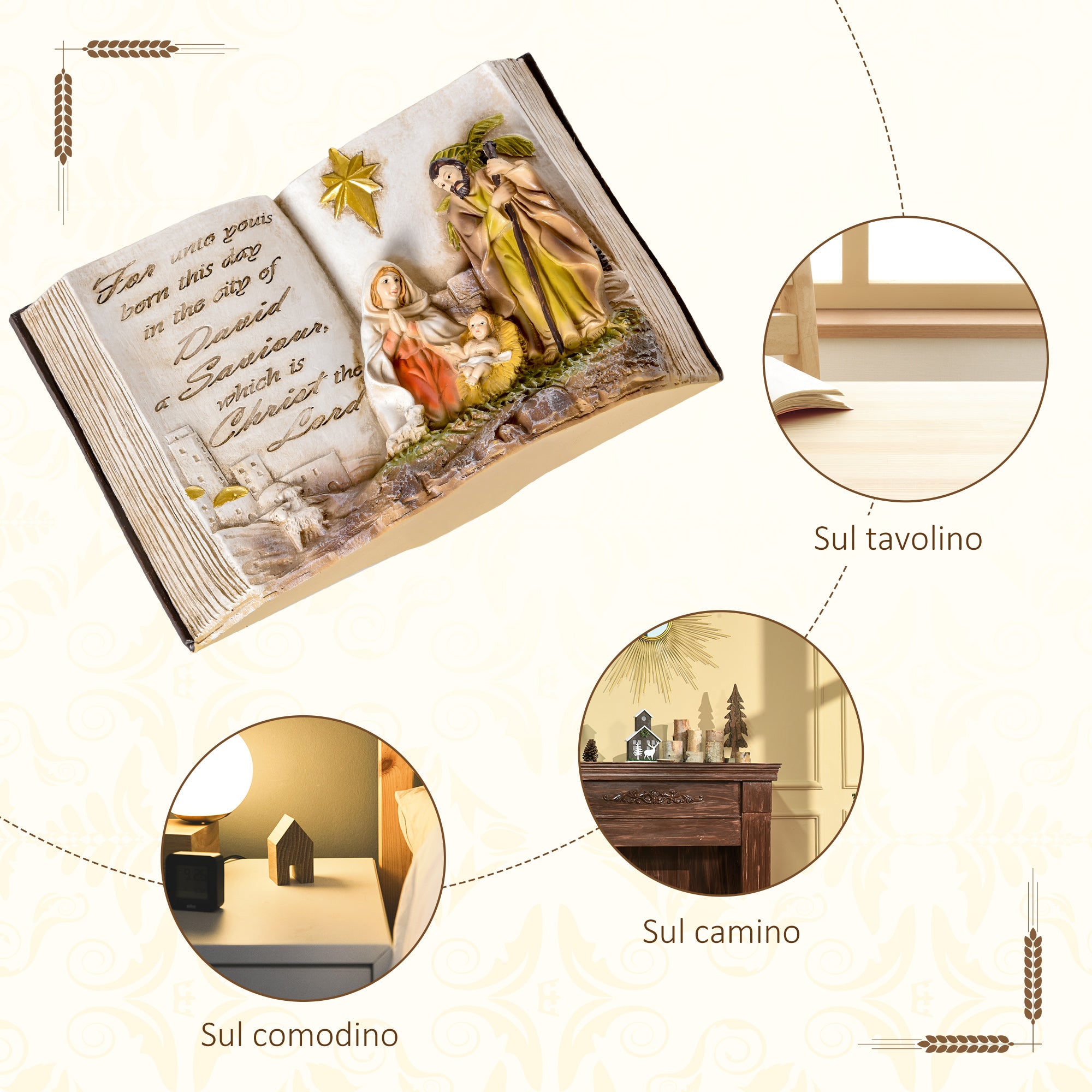 Christmas Nativity Scene with 3D Statuettes and Engraving, Nativity, Resin Christmas Decoration, 21.5cm x 9.5cm x 14cm