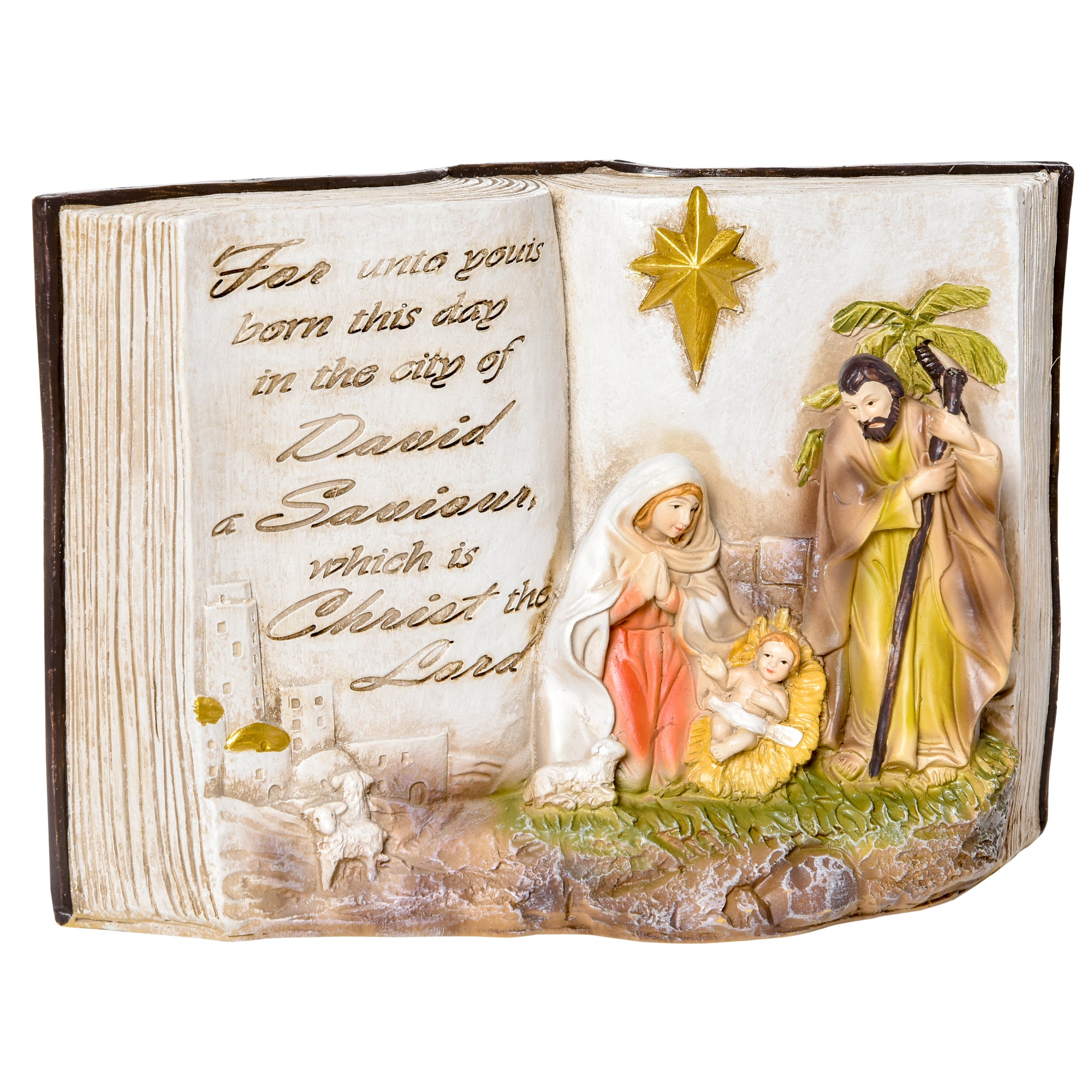 Christmas Nativity Scene with 3D Statuettes and Engraving, Nativity, Resin Christmas Decoration, 21.5cm x 9.5cm x 14cm