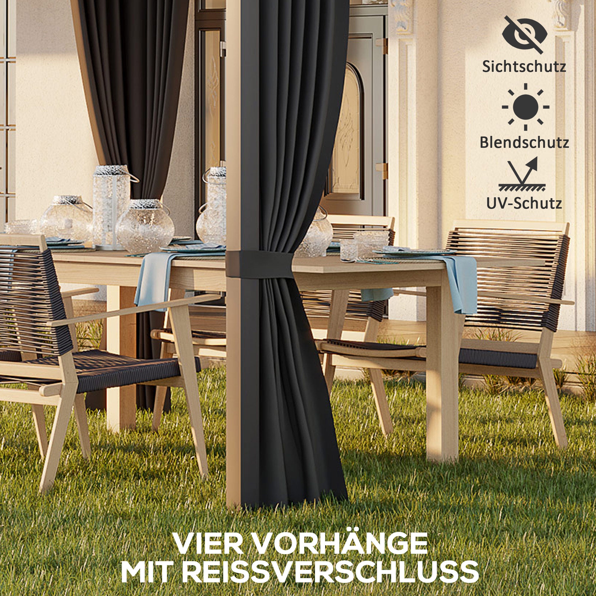 Pergola, 3.65 x 2.55 m Pavilion, Terrace Cover with Sliding Roof, Garden Pergola with Curtains, for Garden, Yard, Aluminum + Metal, Dark Grey