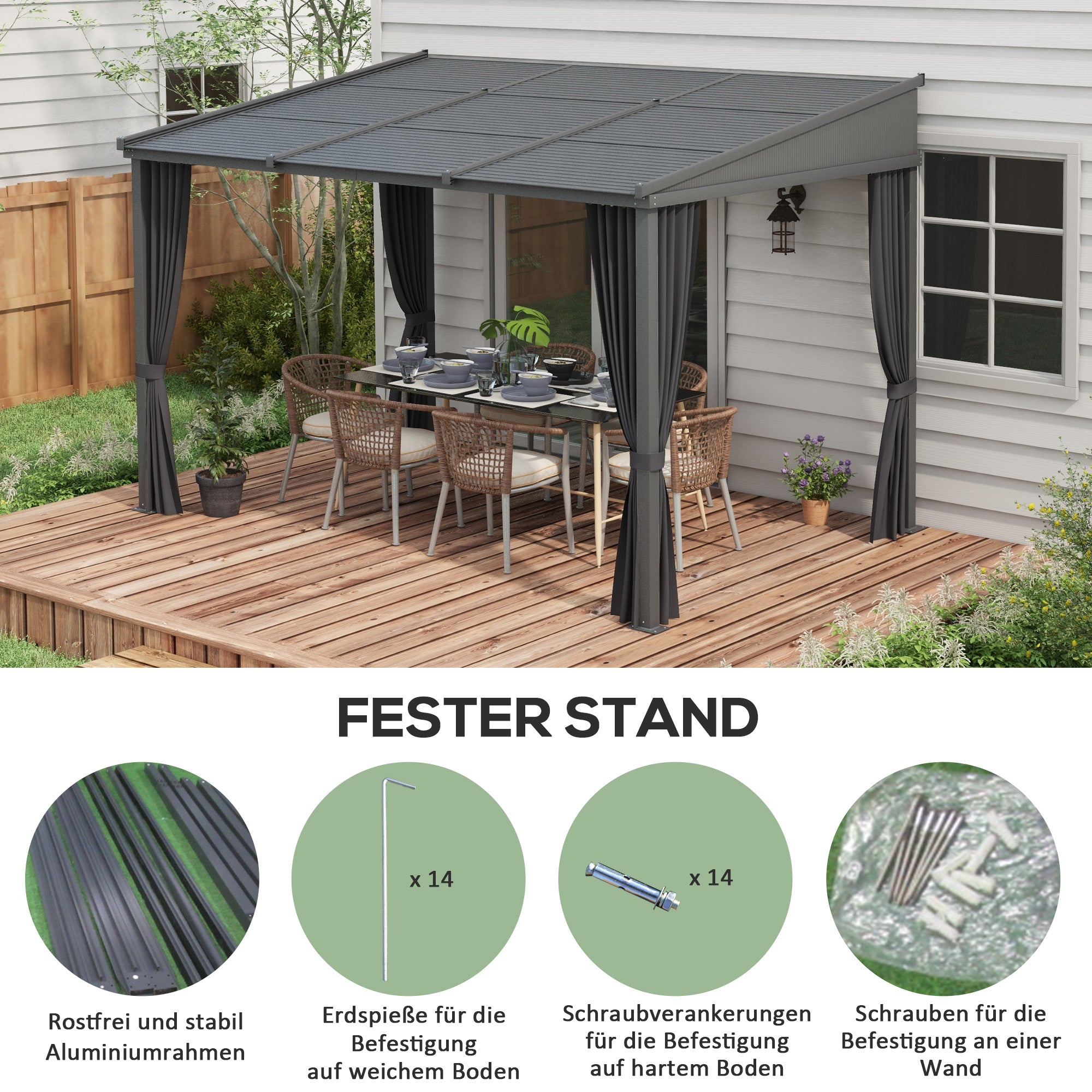 Pergola, 3.65 x 2.55 m Pavilion, Terrace Cover with Sliding Roof, Garden Pergola with Curtains, for Garden, Yard, Aluminum + Metal, Dark Grey