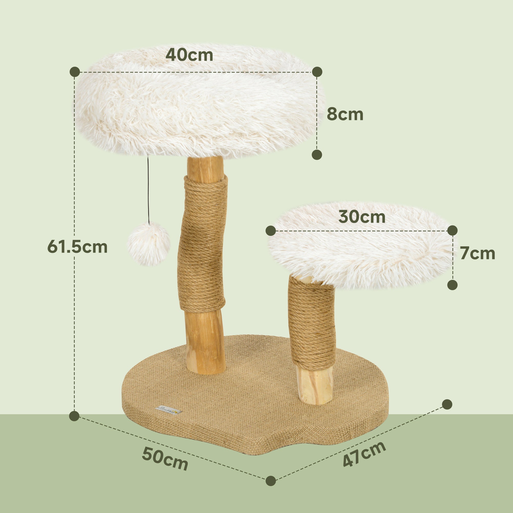 Scratching Post 61.5 cm high Cat Tree with Toy Ball, Beds, Cat Tower with Cat Scratching Board, for Cats under 5 kg, Pear Wood, White