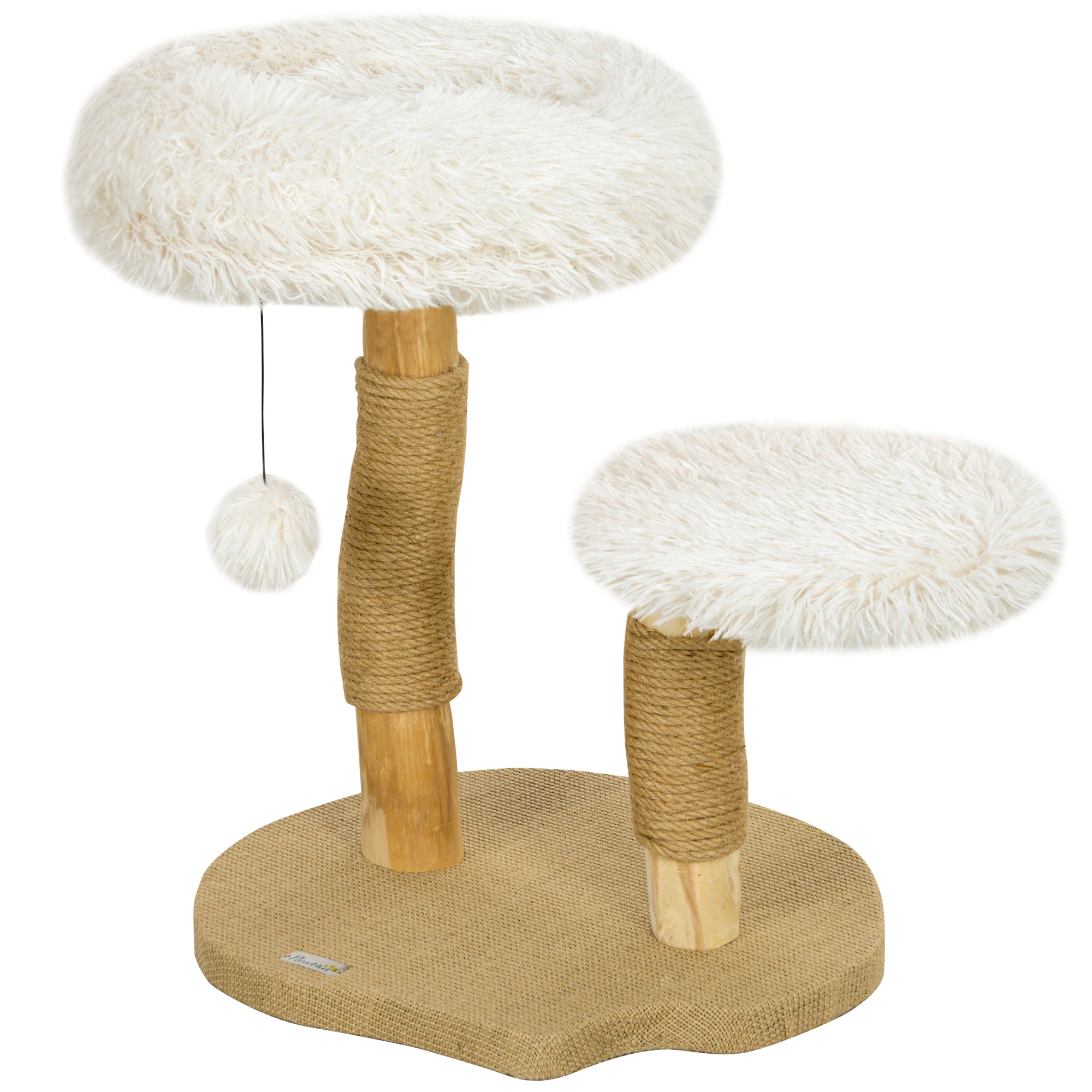 Scratching Post 61.5 cm high Cat Tree with Toy Ball, Beds, Cat Tower with Cat Scratching Board, for Cats under 5 kg, Pear Wood, White