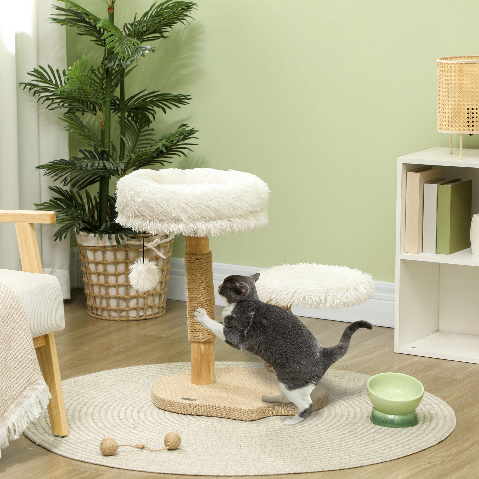 Scratching Post 61.5 cm high Cat Tree with Toy Ball, Beds, Cat Tower with Cat Scratching Board, for Cats under 5 kg, Pear Wood, White